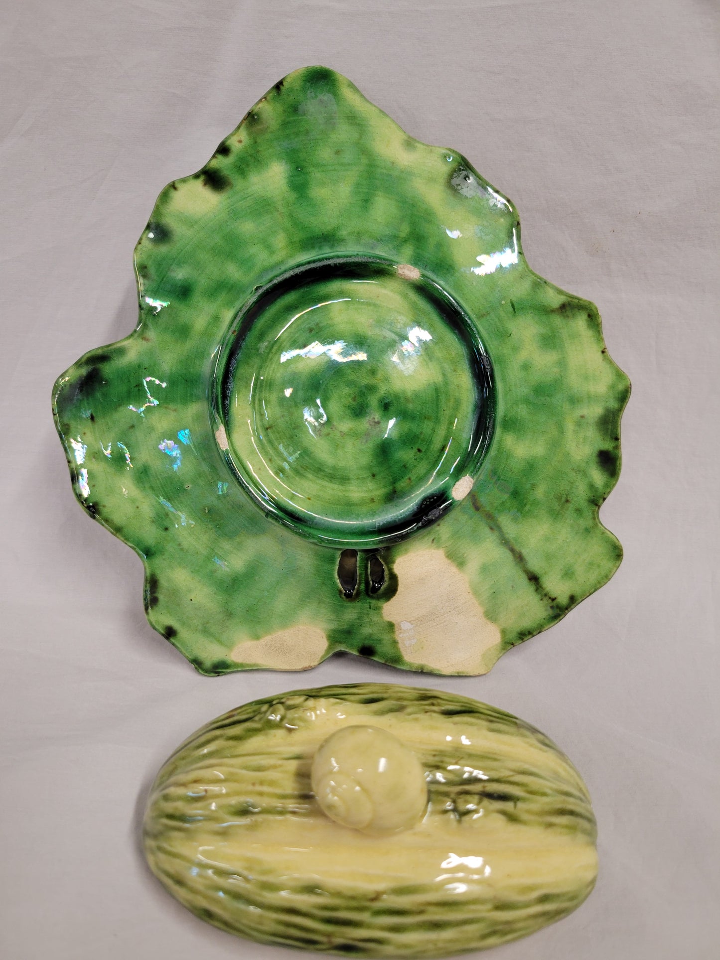Antique Majolica Melon on Leaf Dish in the Style of Sarreguemines