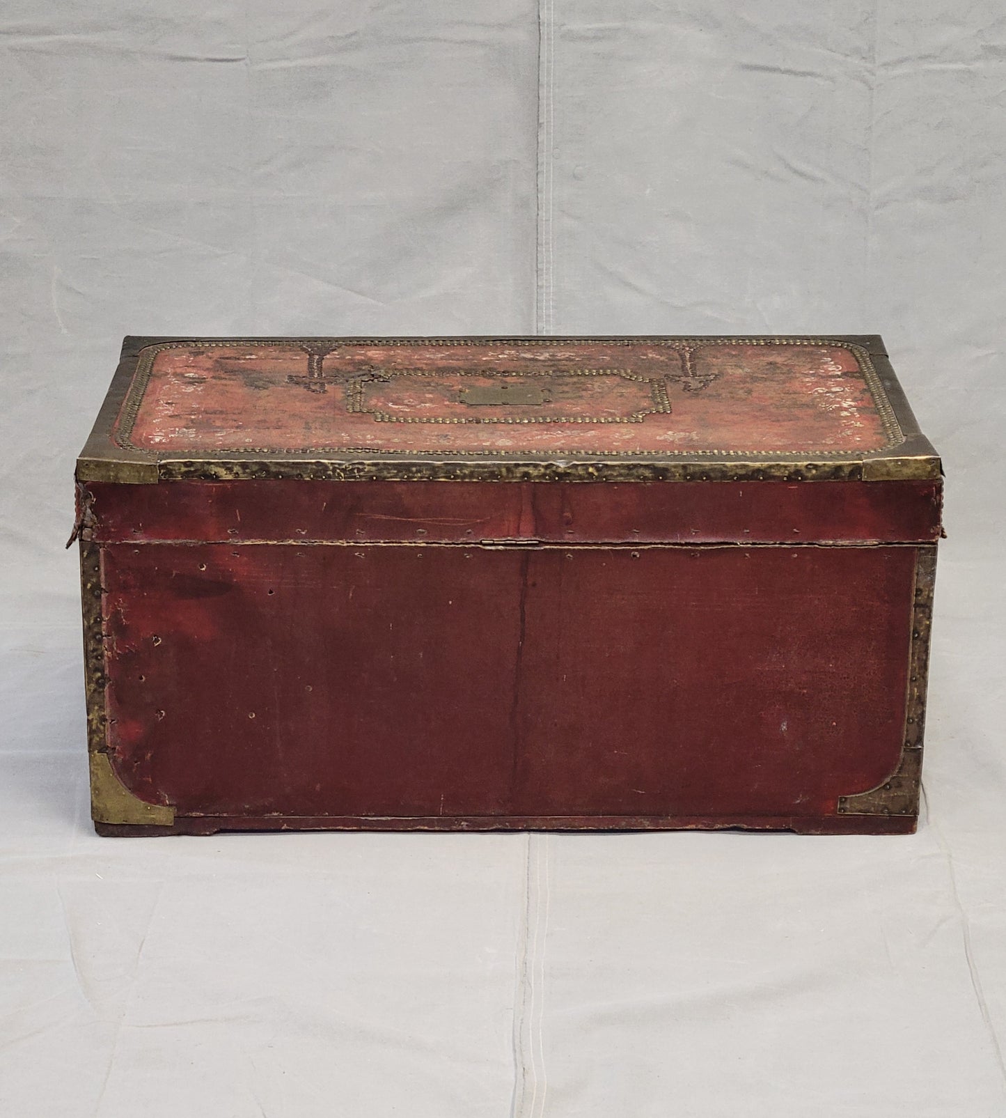 Antique Red Leather, Brass and Camphor Wood Chinese Export Trunk