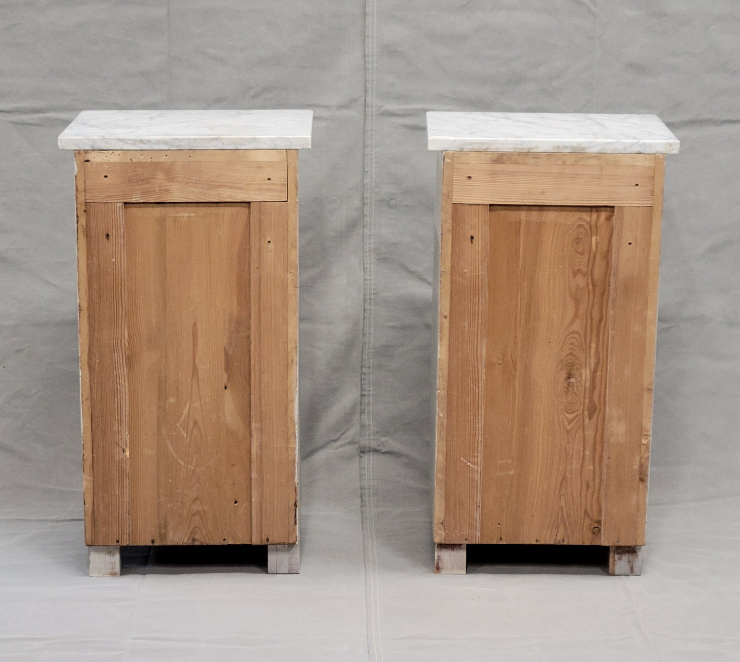 Pair of Vintage Painted Pine Nightstands With Carrera Marble Tops