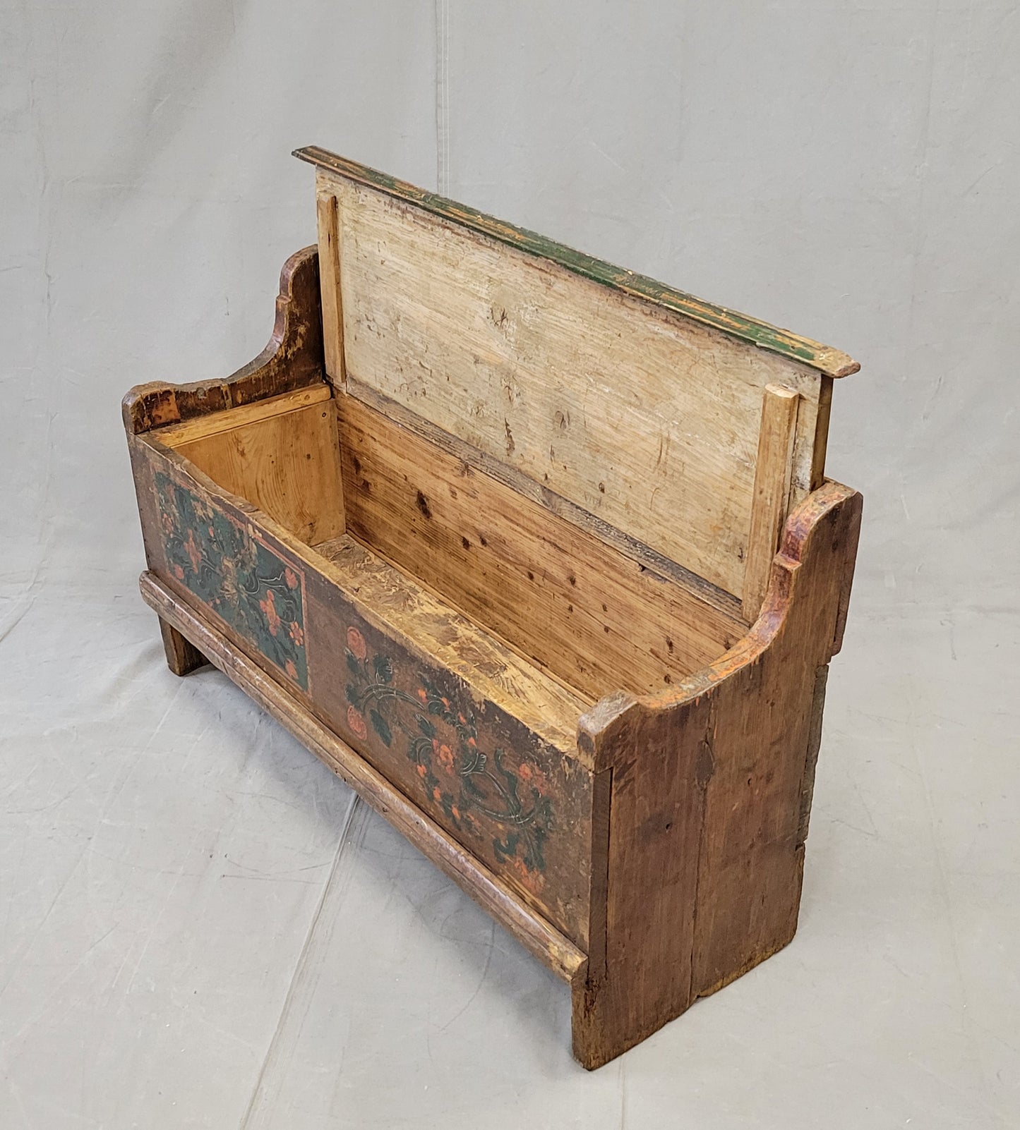 Antique Late 1800s Romanian Painted Pine Storage Bench