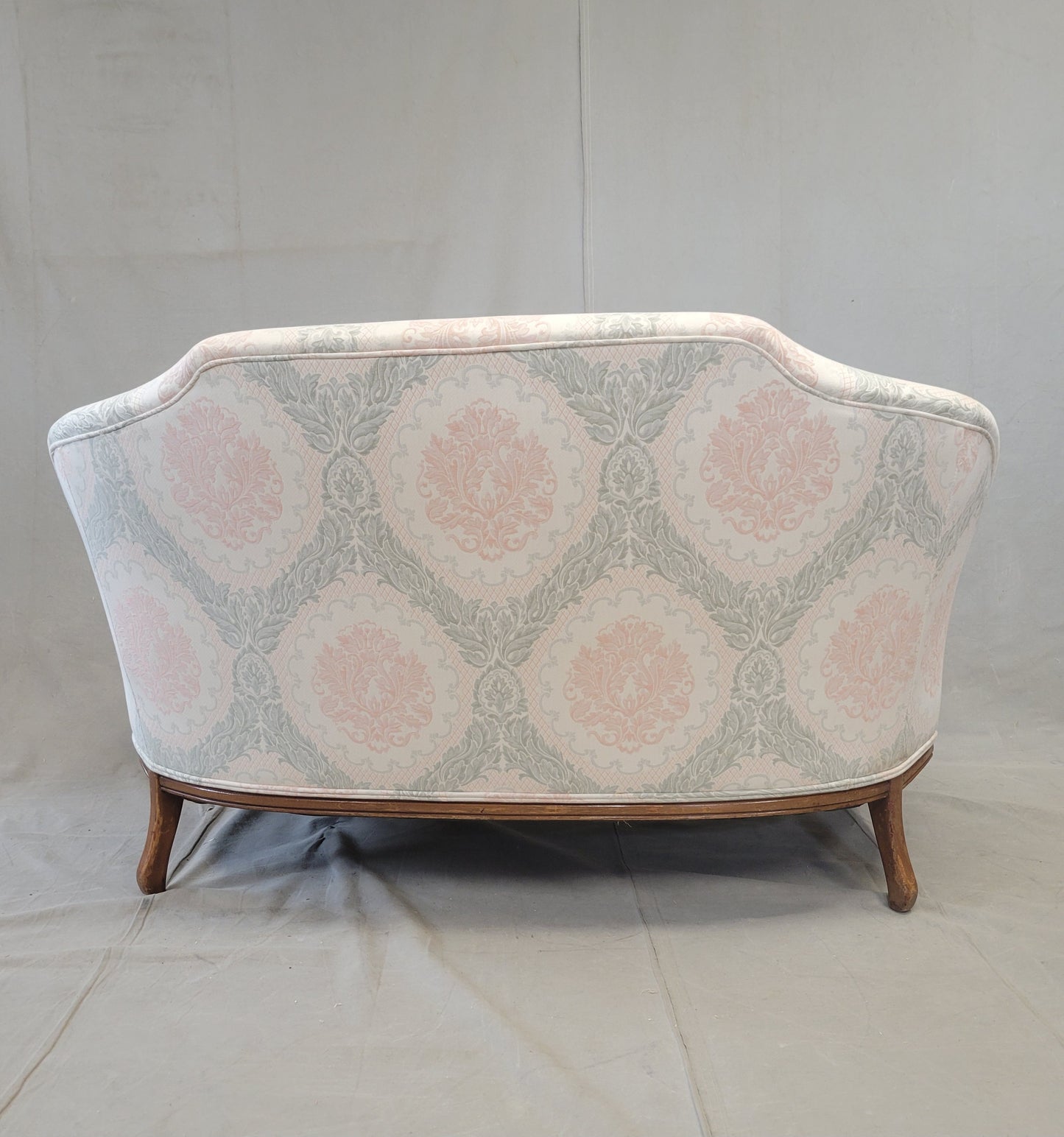Vintage Damask French Style Camelback Loveseat With Down Cushion and Blush / Sage Upholstery