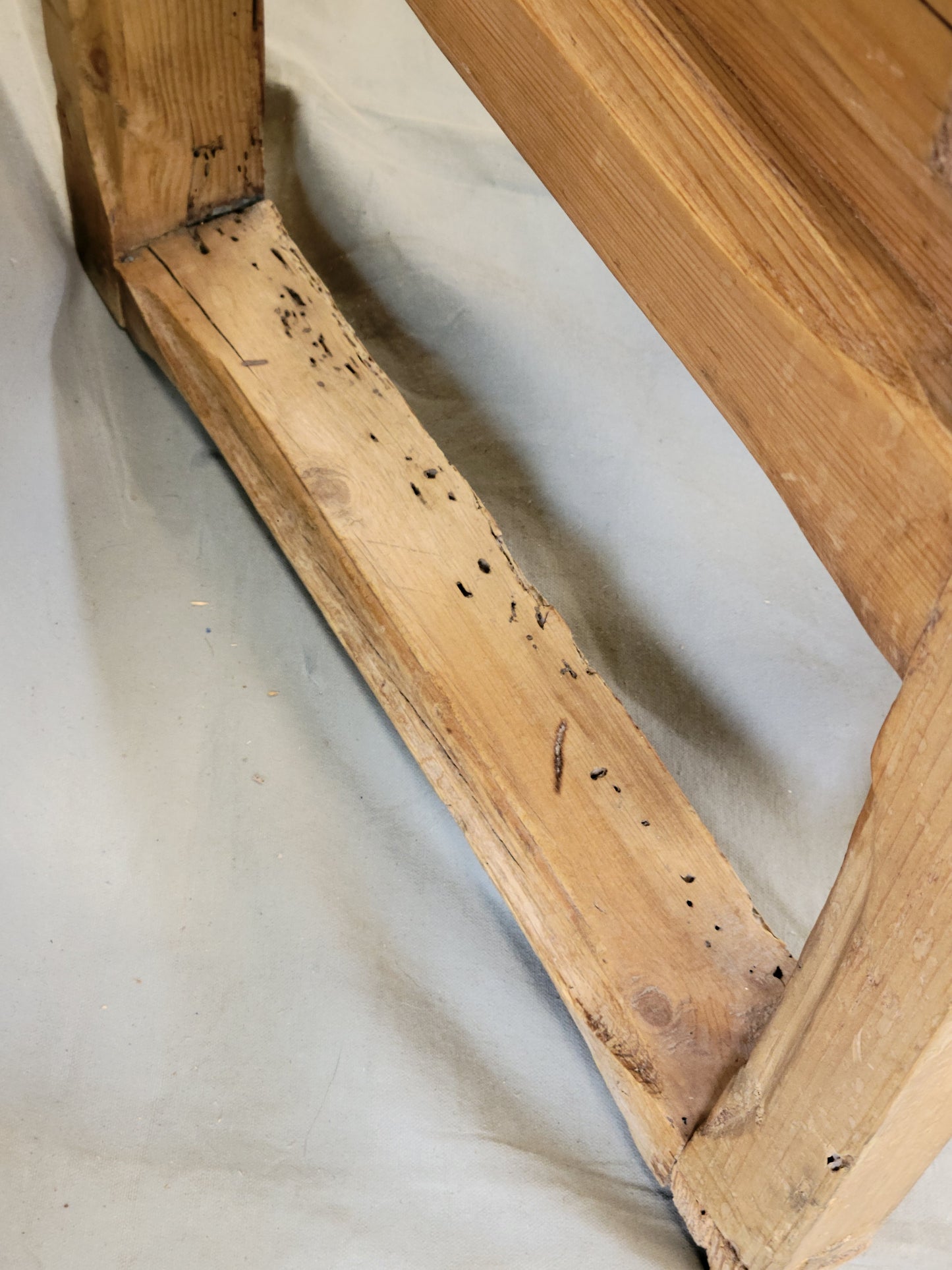 Antique Rustic Pine Long Settle Bench With Blue and White Cushion