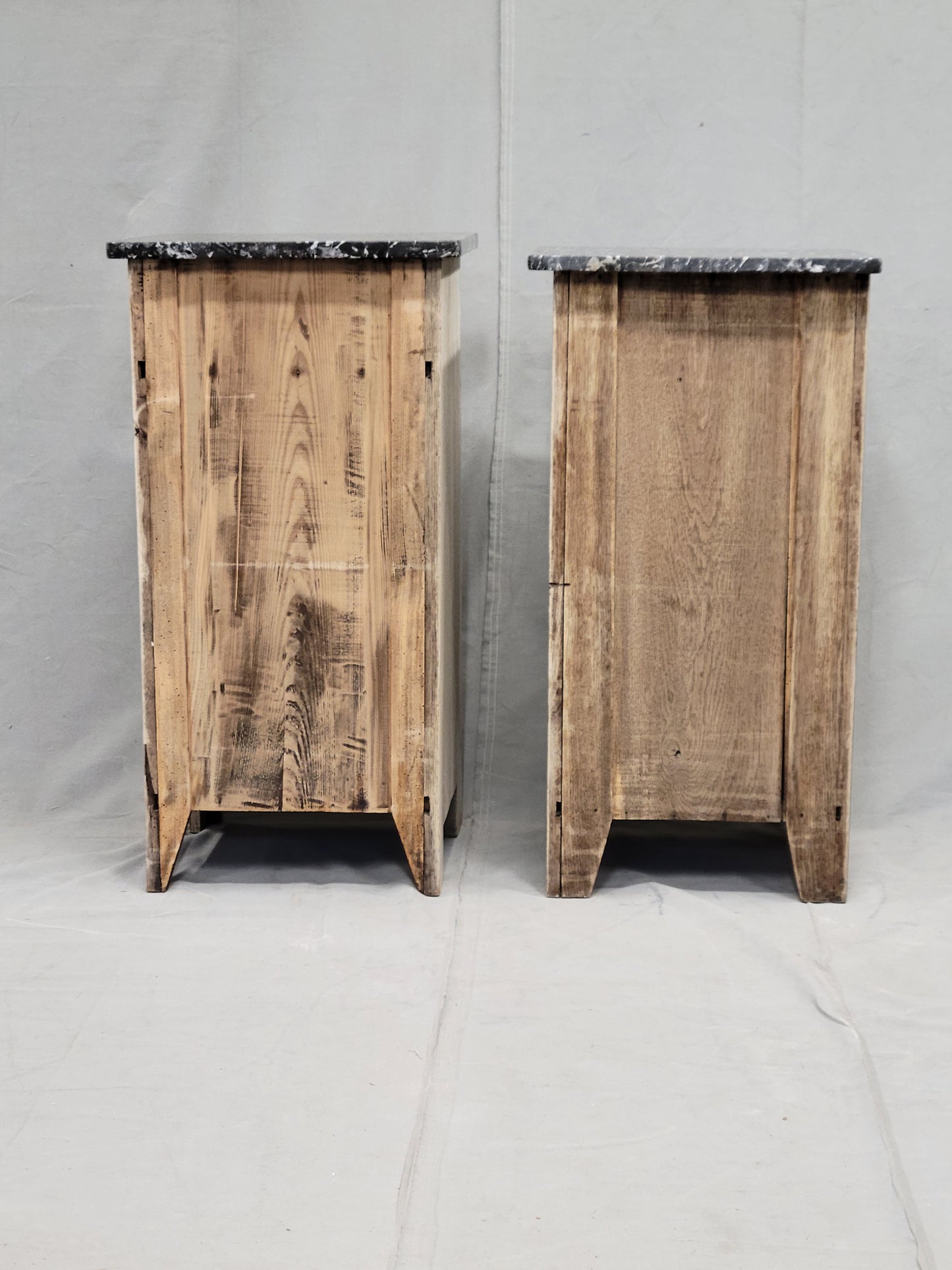 Antique English Bleached Oak Nightstands With Black Marble Tops - a Near Pair
