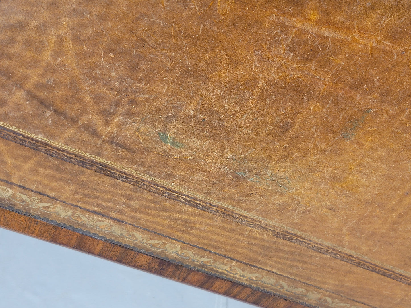 Antique Mid 1800s English Mahogany Partner Desk With Tooled Leather Top