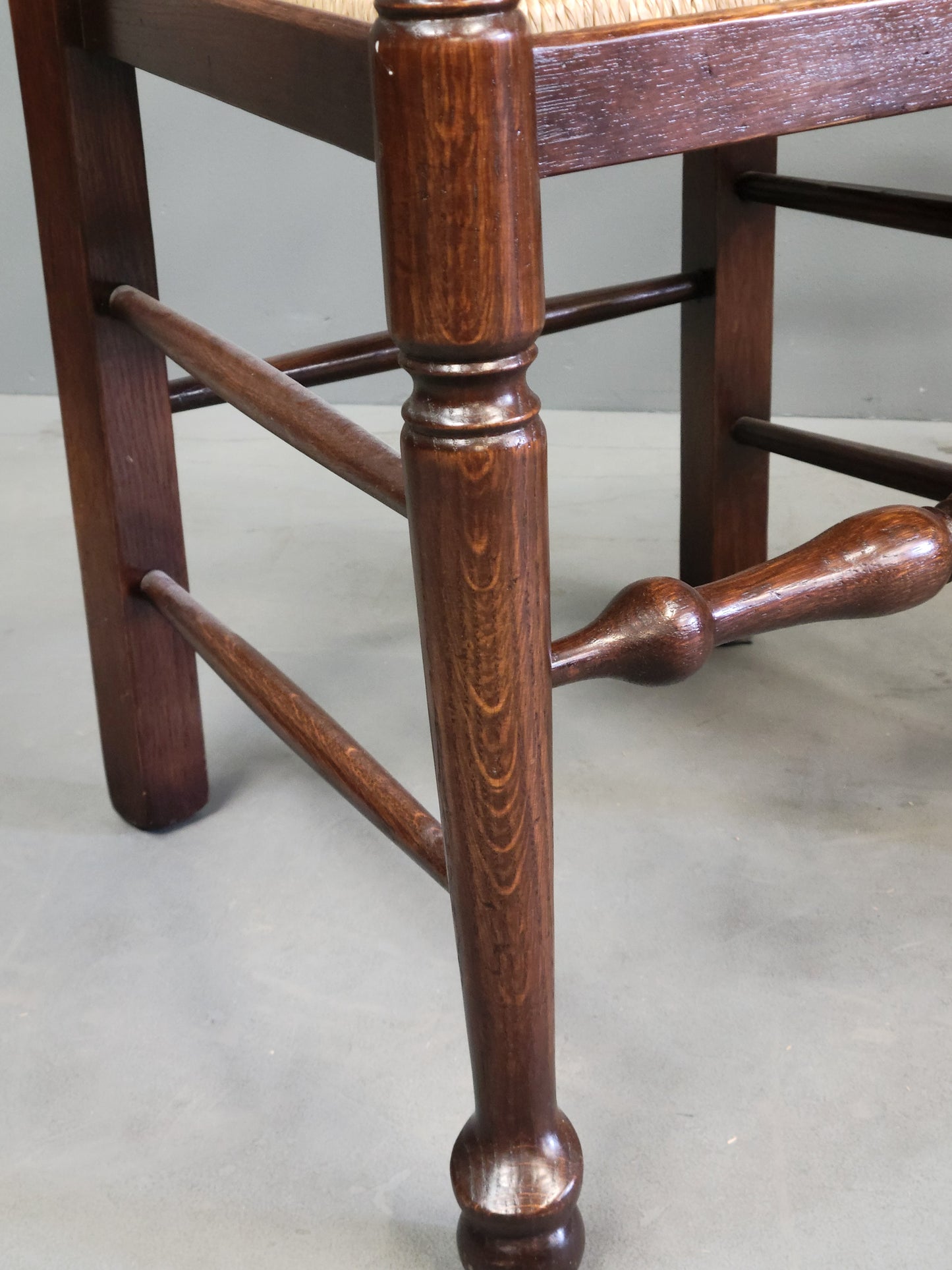 Vintage English Oak Ladderback Chairs With Rush Seats - Set of 8