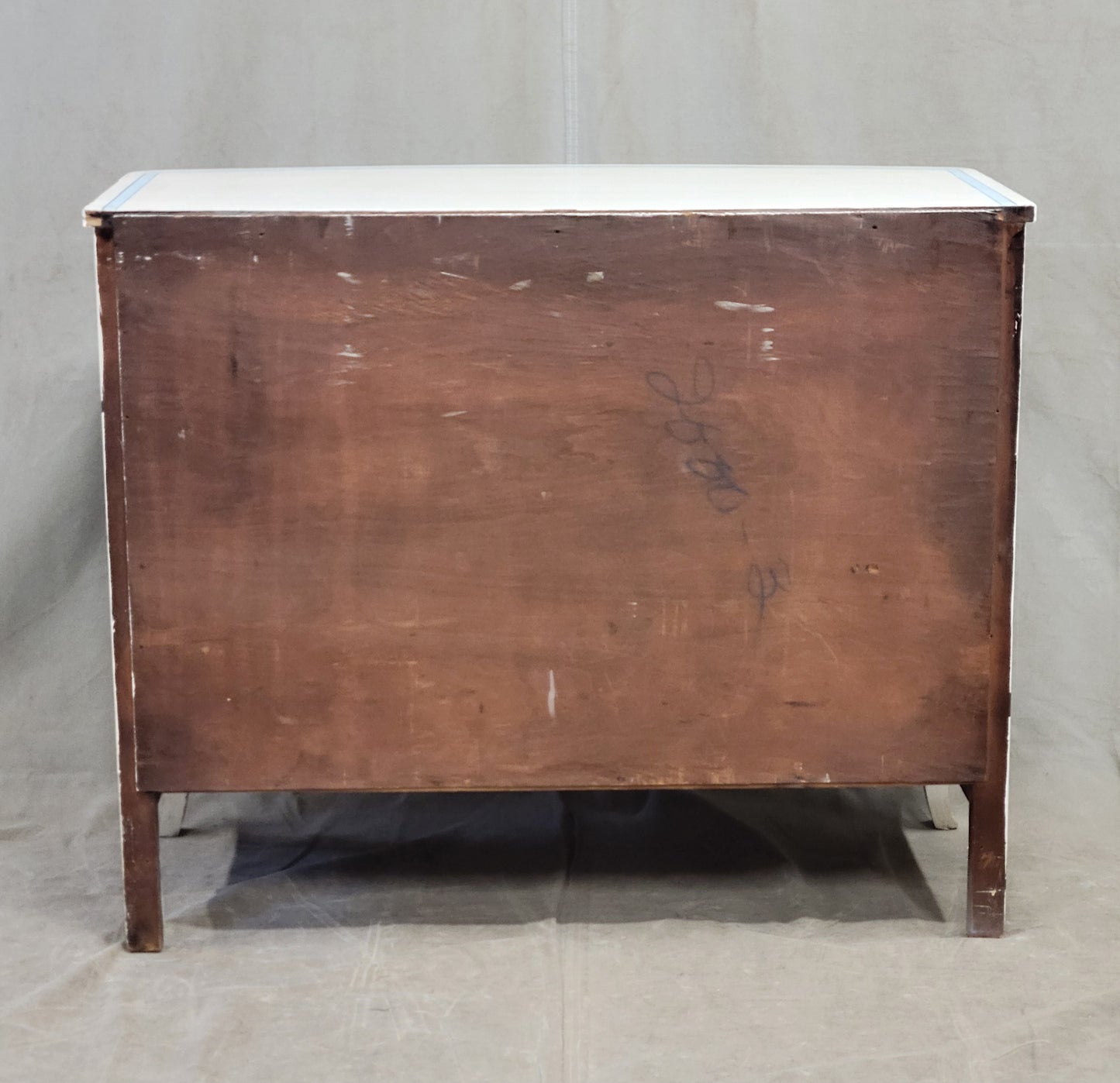 Vintage Painted Blue and White Trompe l'Oeil Bow Front Dresser With Greek Key Motif