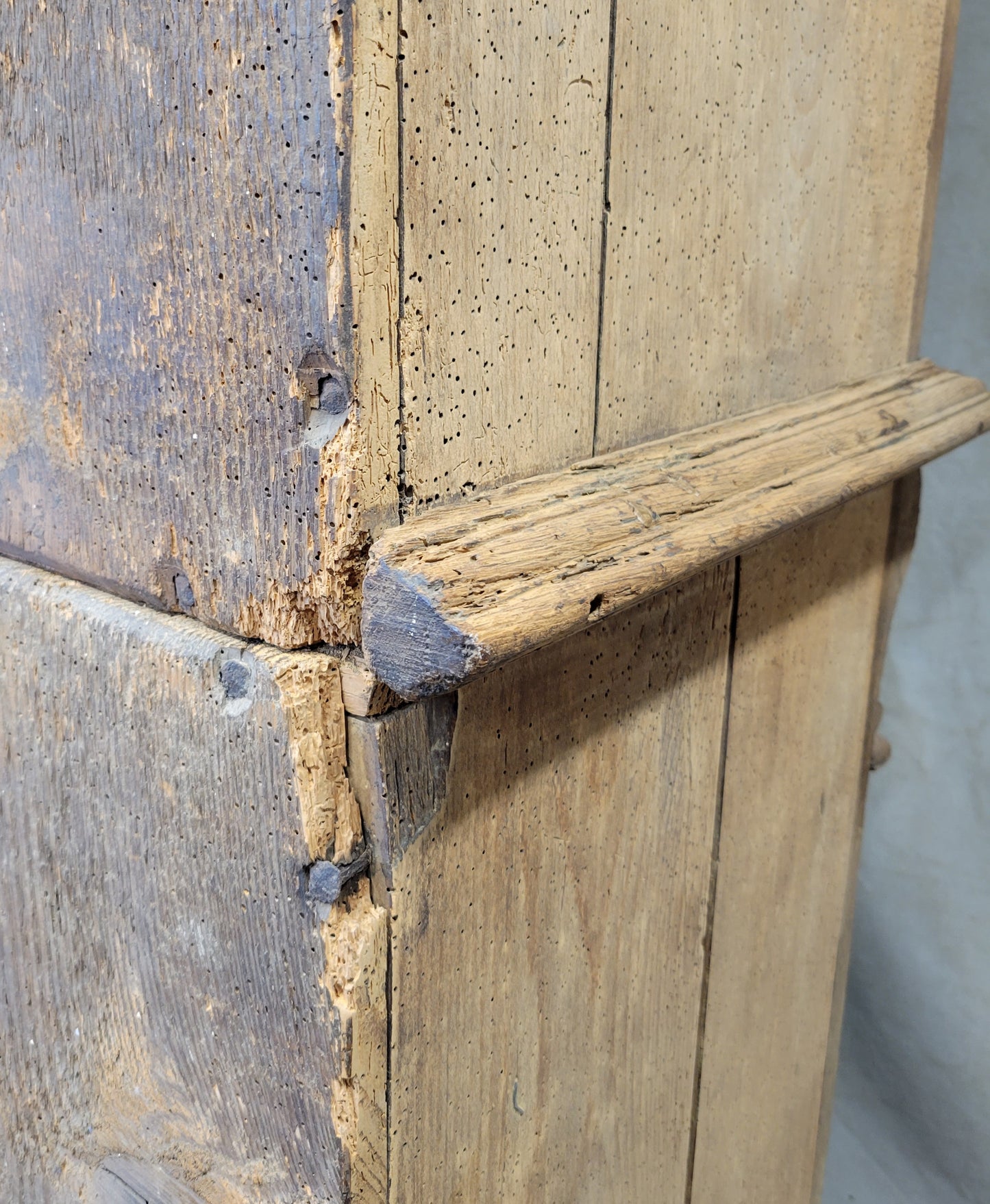 Antique French Bleached Oak and Pine Deux Corps Carved Cupboard With Blue French Ticking Interior