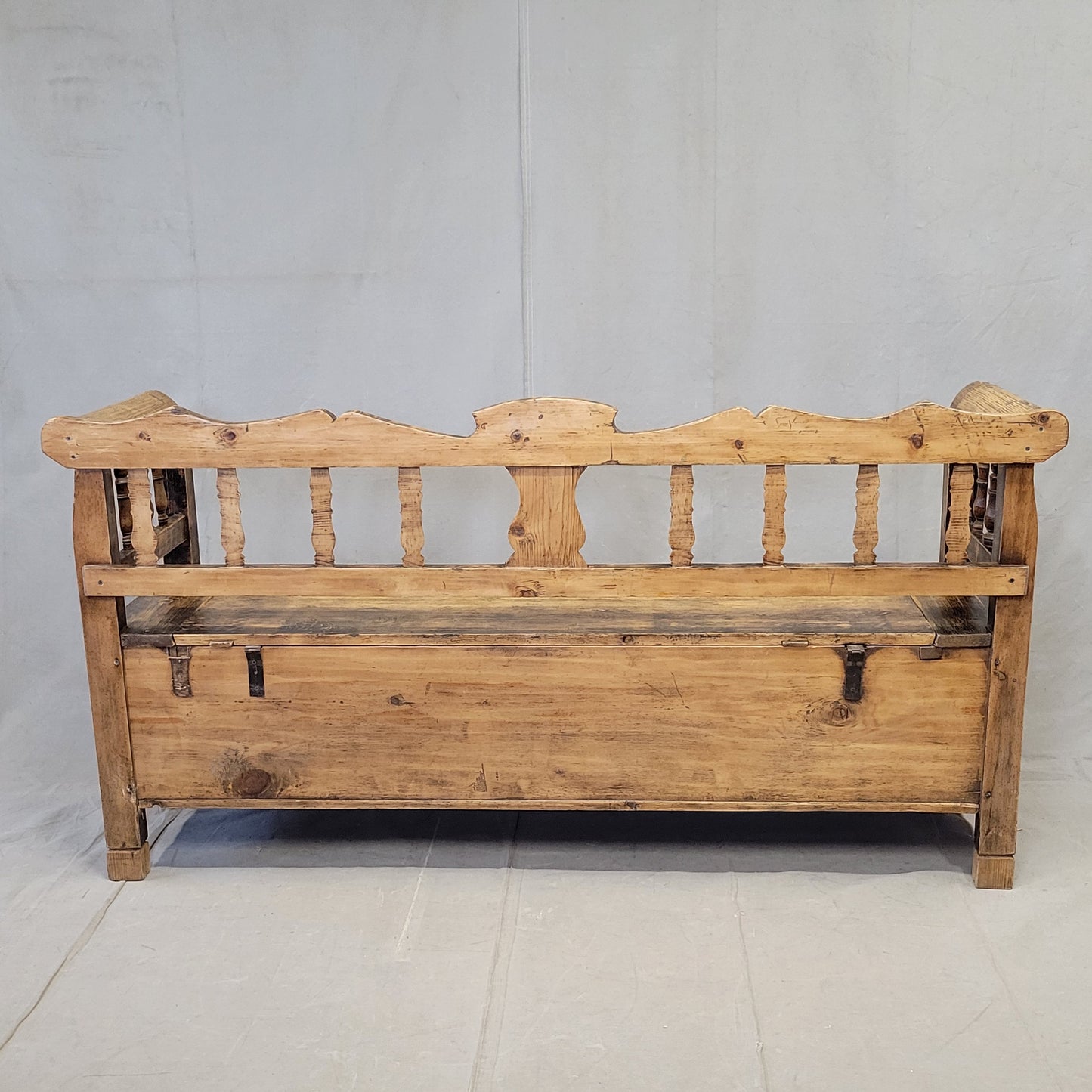 Antique 1926 Pine Eastern European Storage Bench with Original Paint