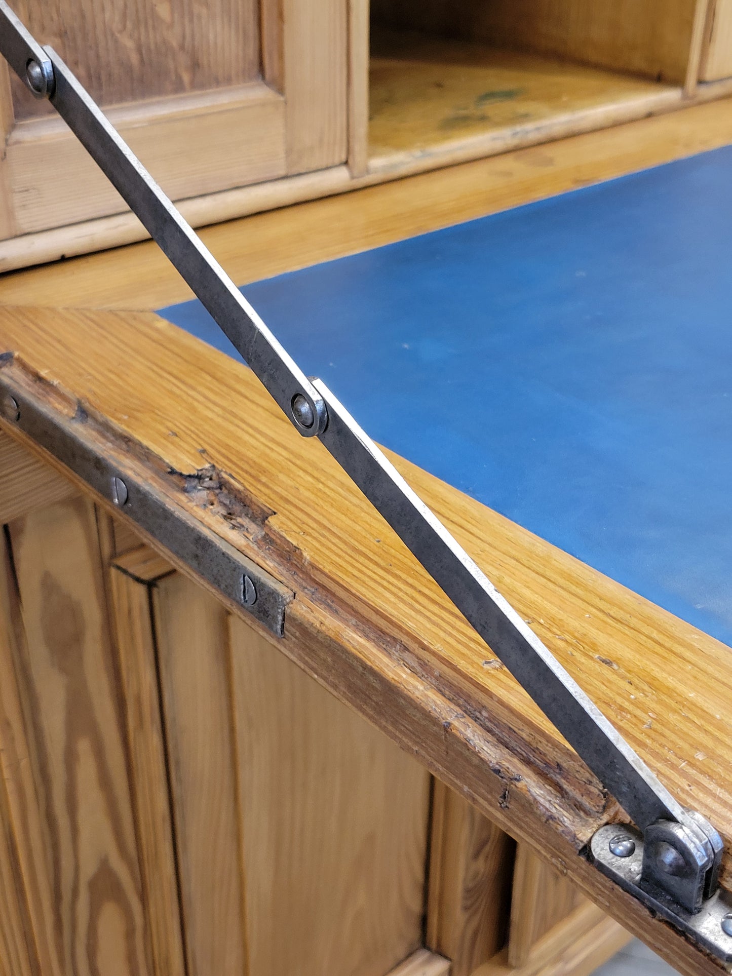Antique Danish Biedermeier Pine Secretary Desk With Blue Leather