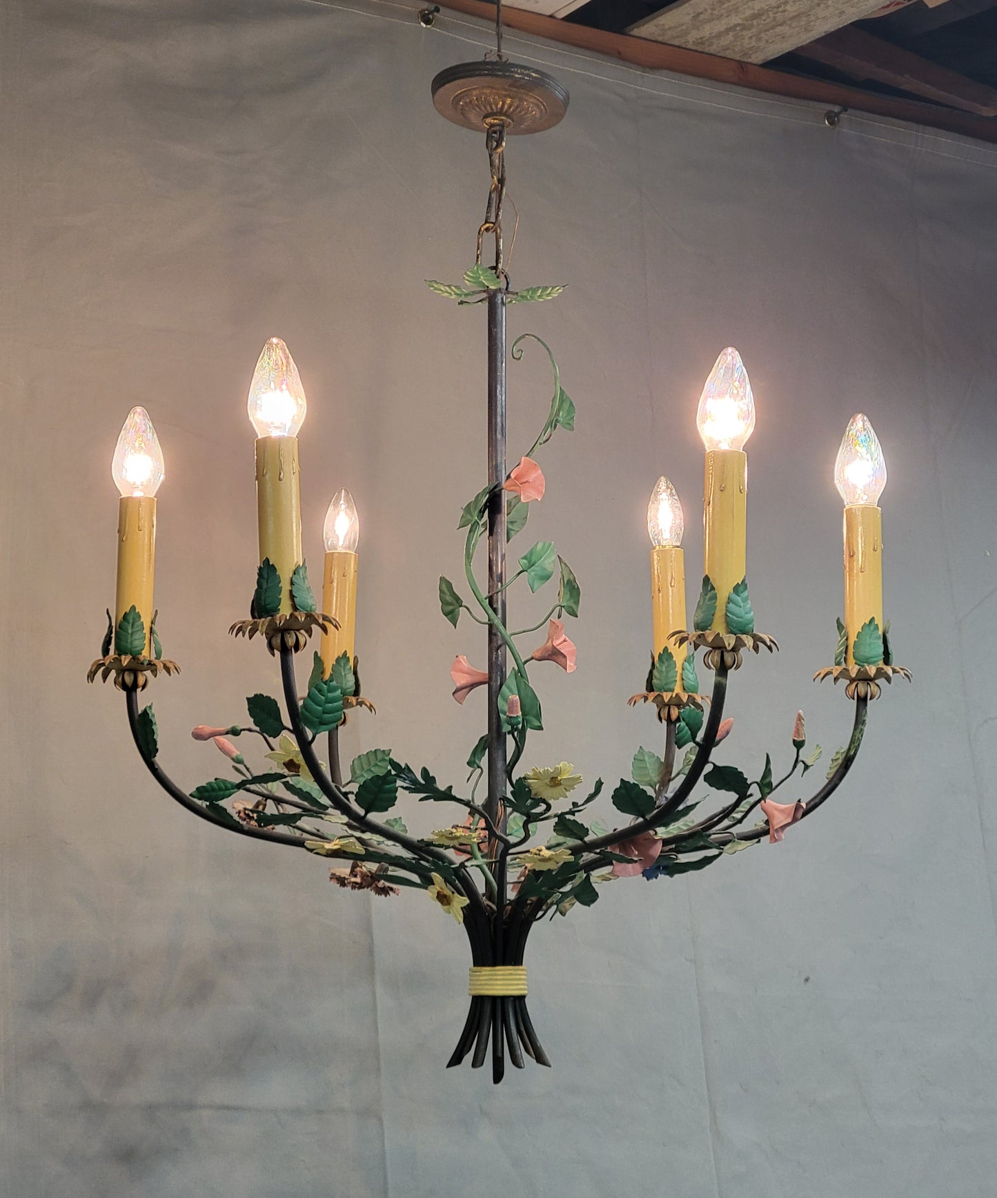 Vintage Italian Tole 6 Arm Floral Chandelier