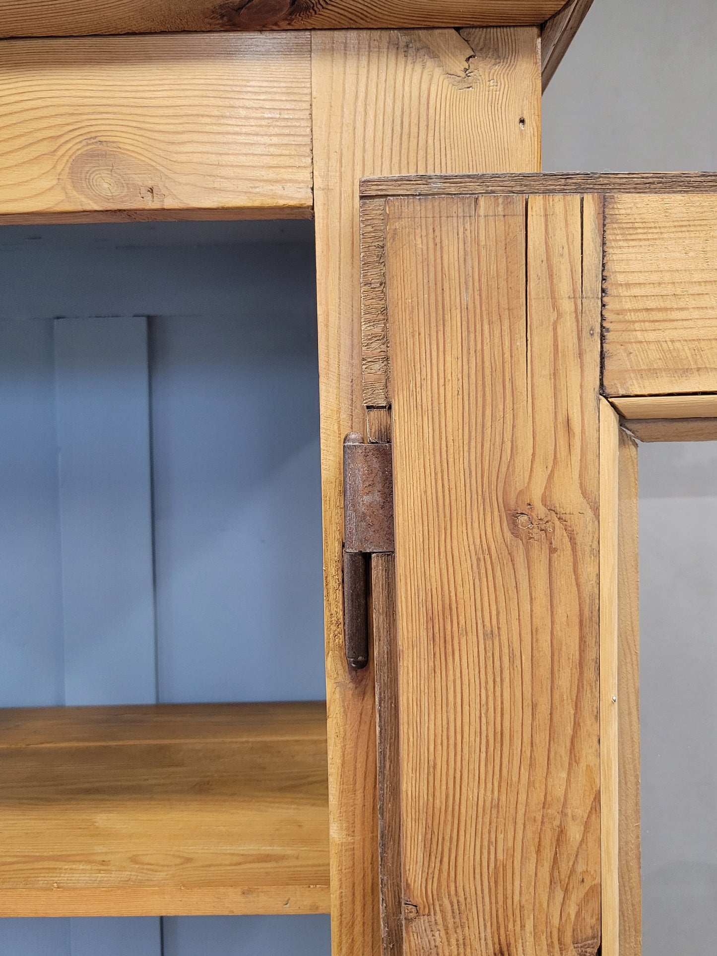 Antique German Pine Display Cabinet With Painted Blue Interior