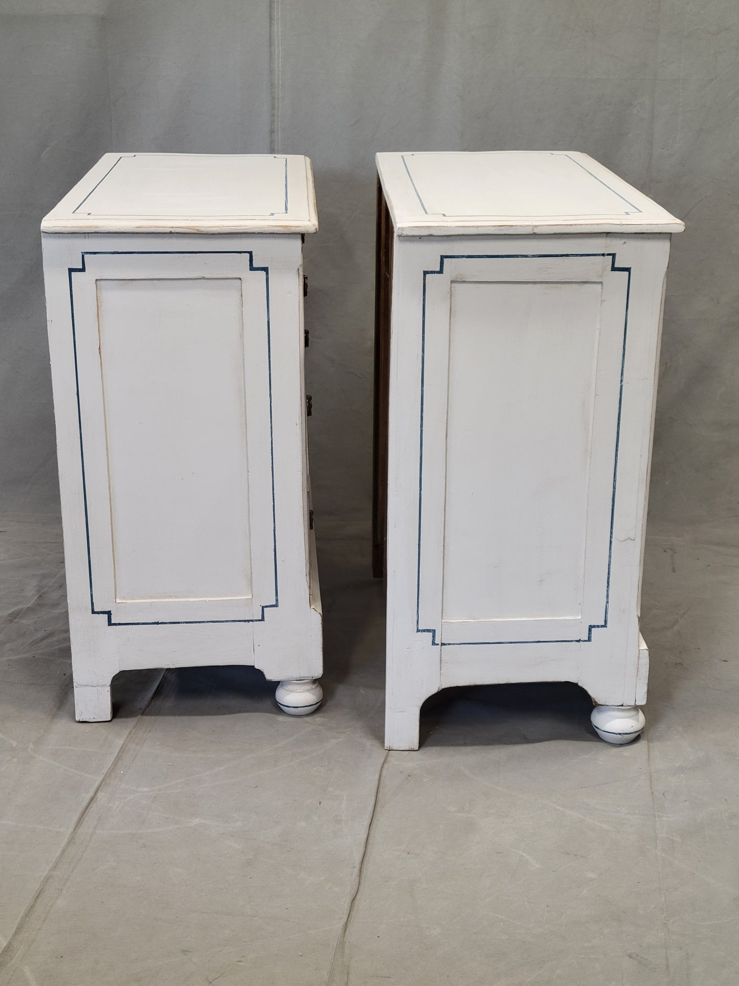 Pair of Antique 19th Century Pine Painted White Dressers With Blue French Line Motif