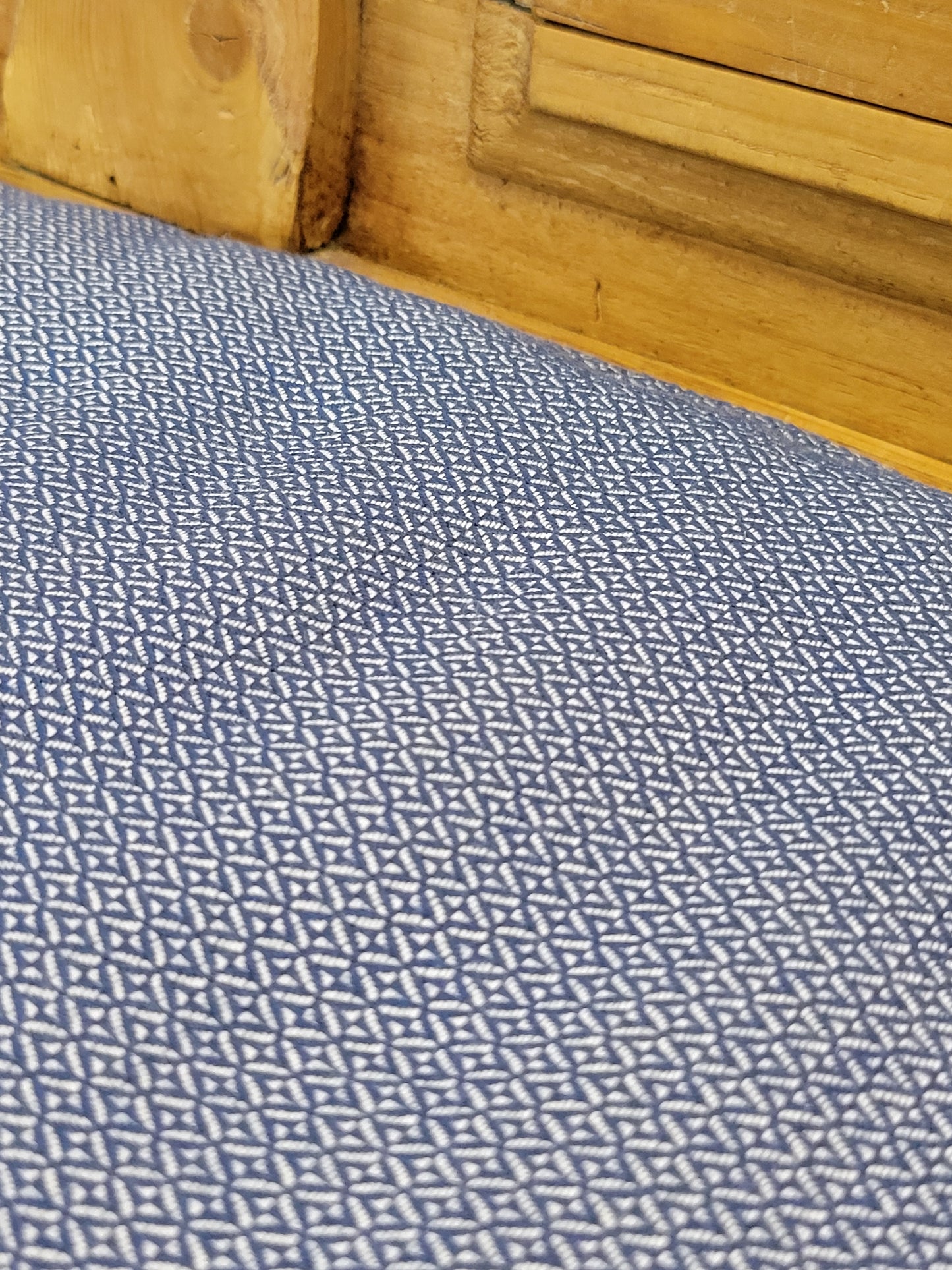 Antique Rustic Pine Long Settle Bench With Blue and White Cushion