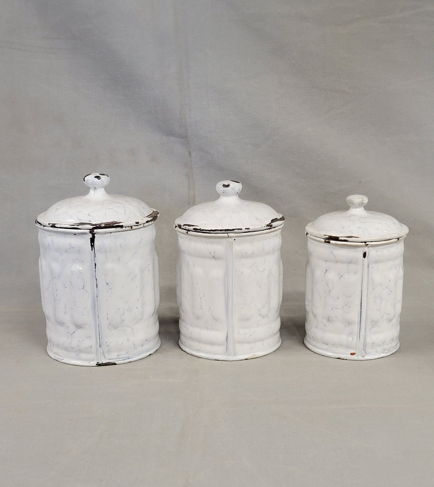 Antique French White and Blue Enamel Canister Set - 6 Pieces