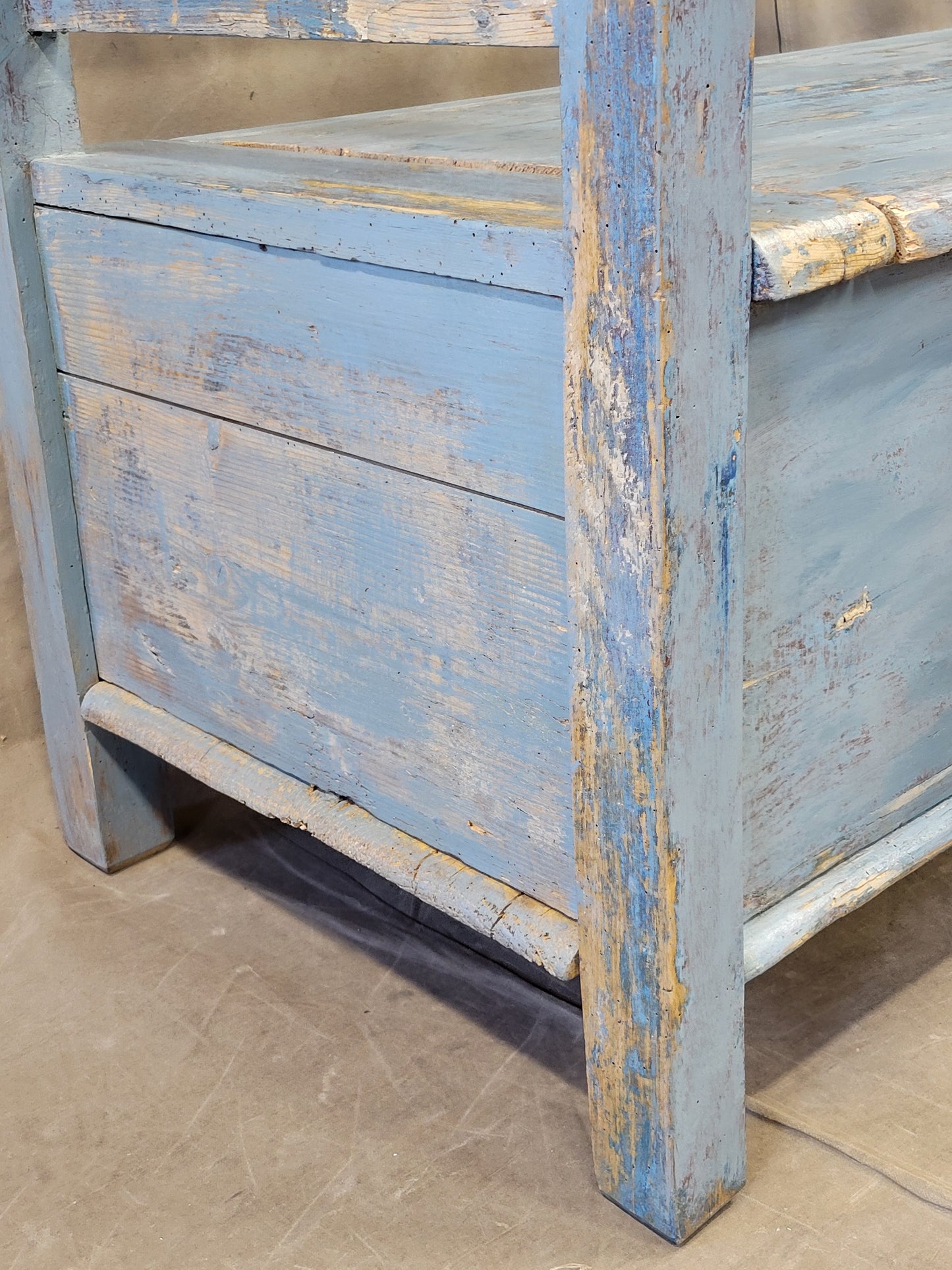 Antique Pine Hungarian Storage Bench With Old Blue Paint