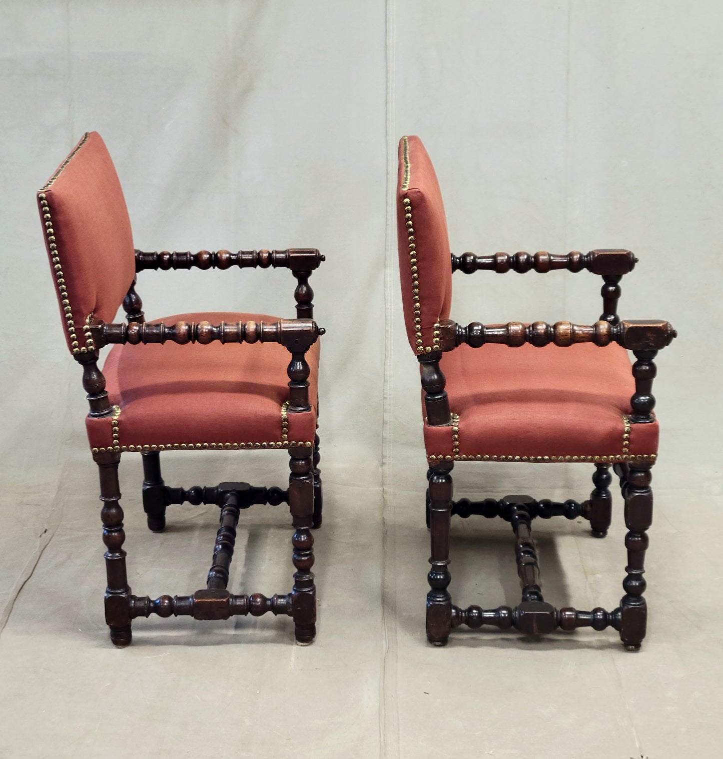 Antique European Renaissance Revival Chairs with Terracotta Linen Upholstery - a pair