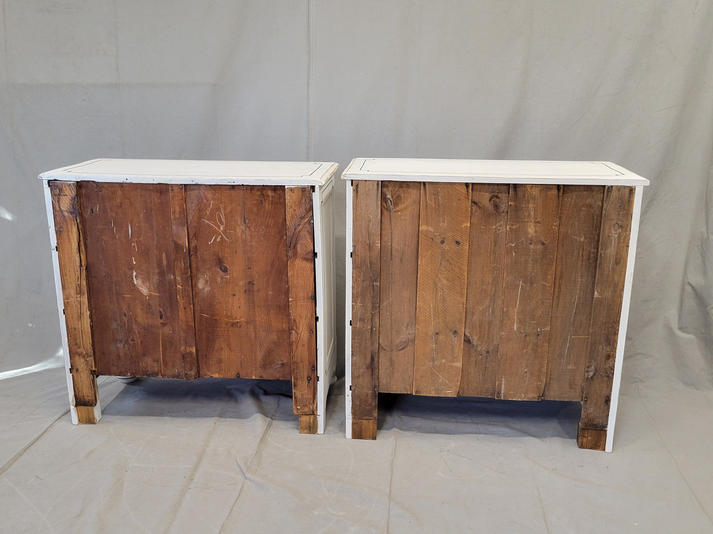 Pair of Antique 19th Century Pine Painted White Dressers With Blue French Line Motif