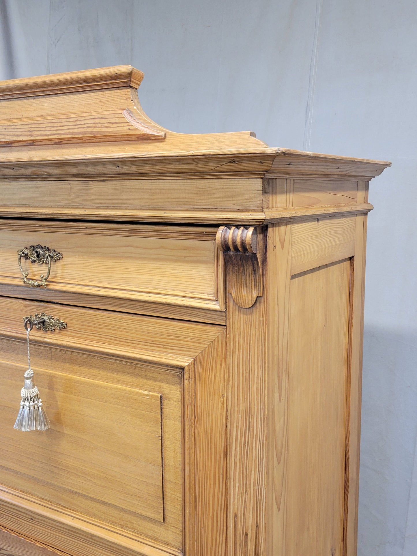 Antique Danish Biedermeier Pine Secretary Desk With Blue Leather