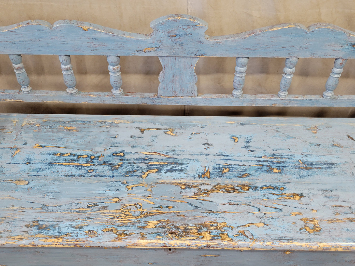 Antique Pine Hungarian Storage Bench With Old Blue Paint