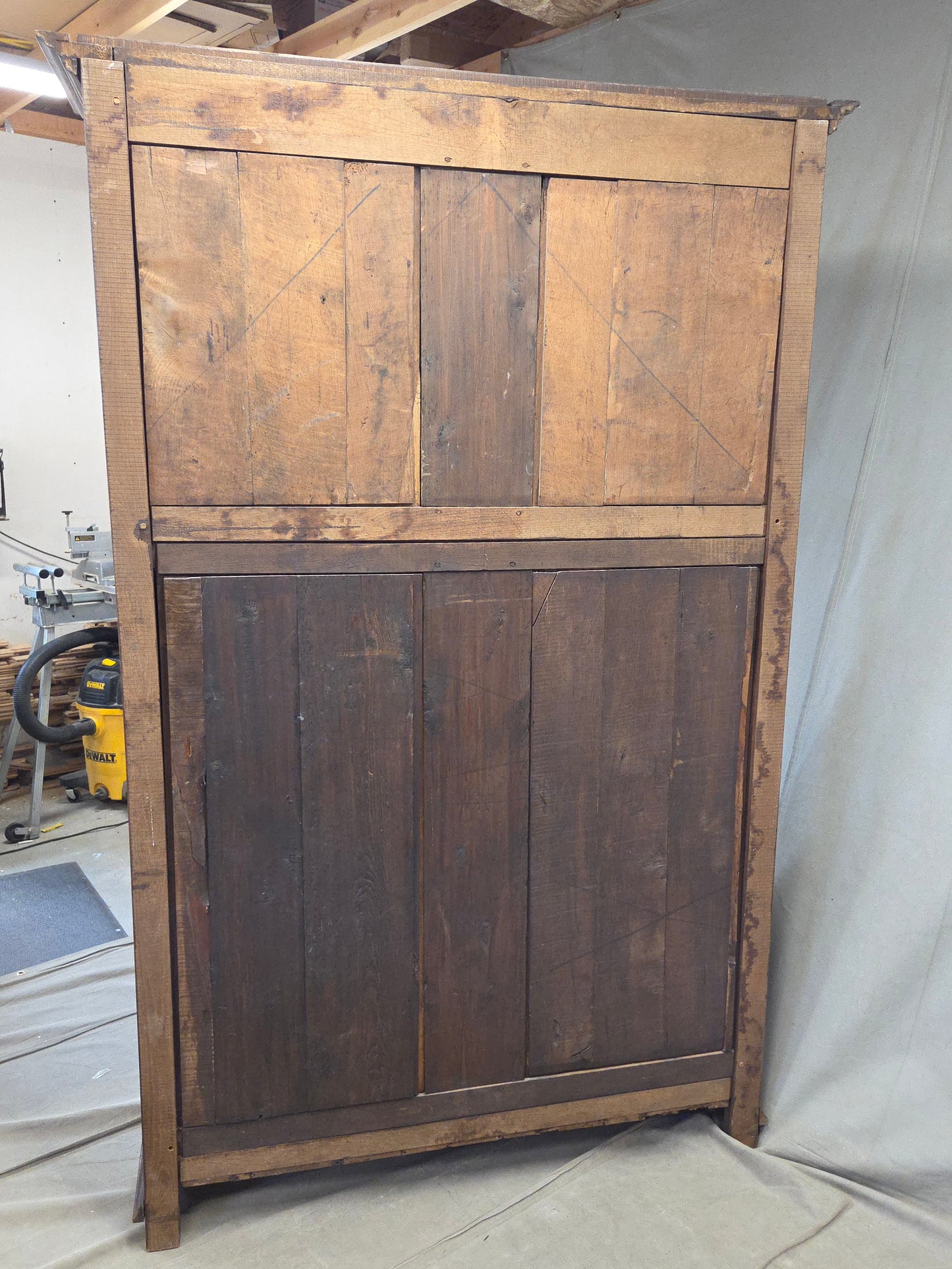Antique French Provincial Wardrobe with Wire Grills and Interior Blue Curtains