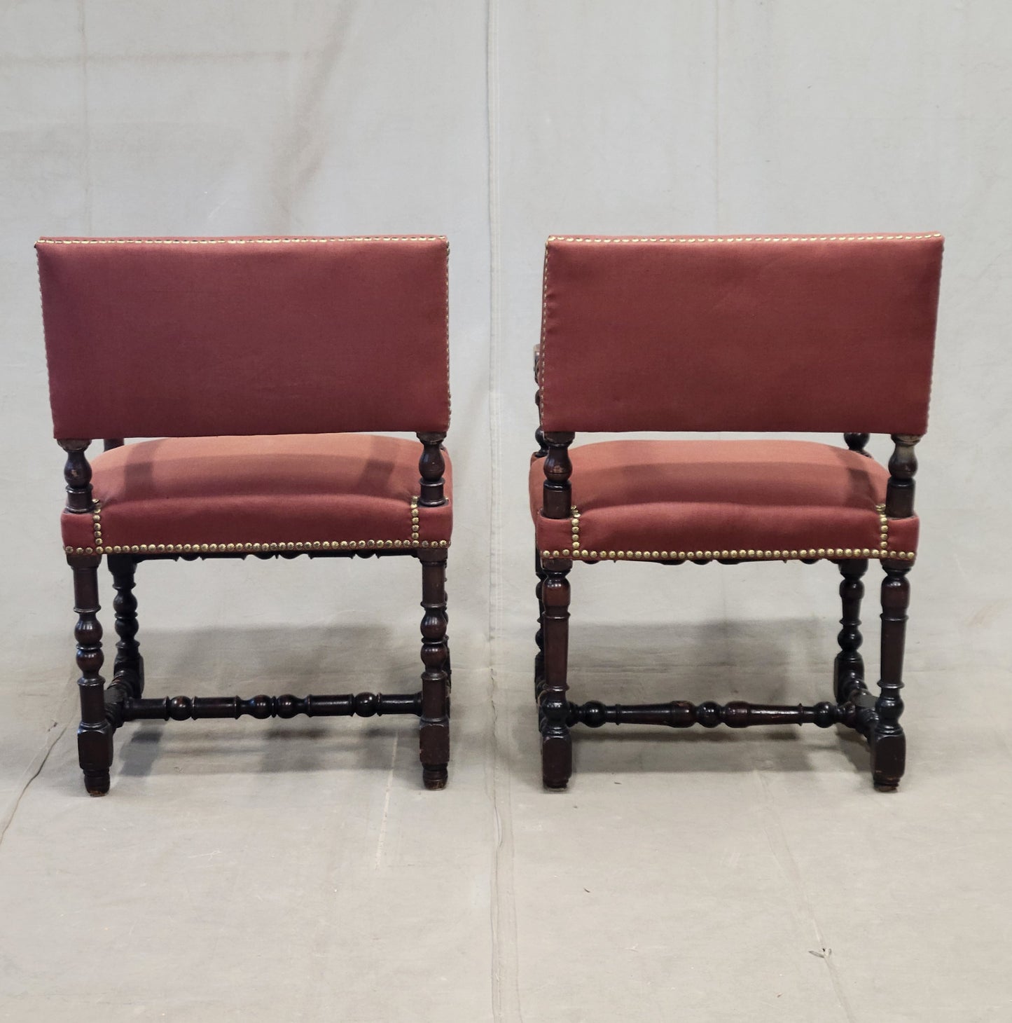Antique European Renaissance Revival Chairs with Terracotta Linen Upholstery - a pair