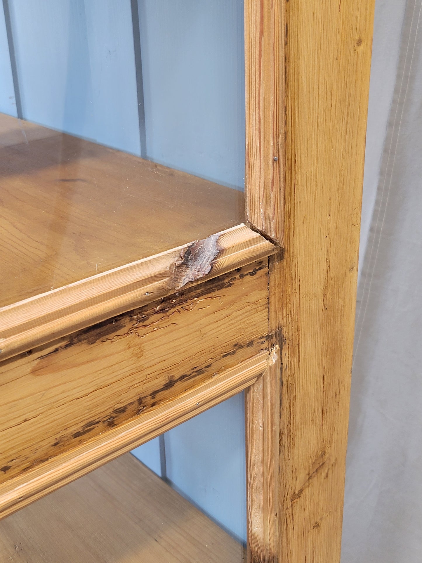 Antique German Pine Display Cabinet With Painted Blue Interior