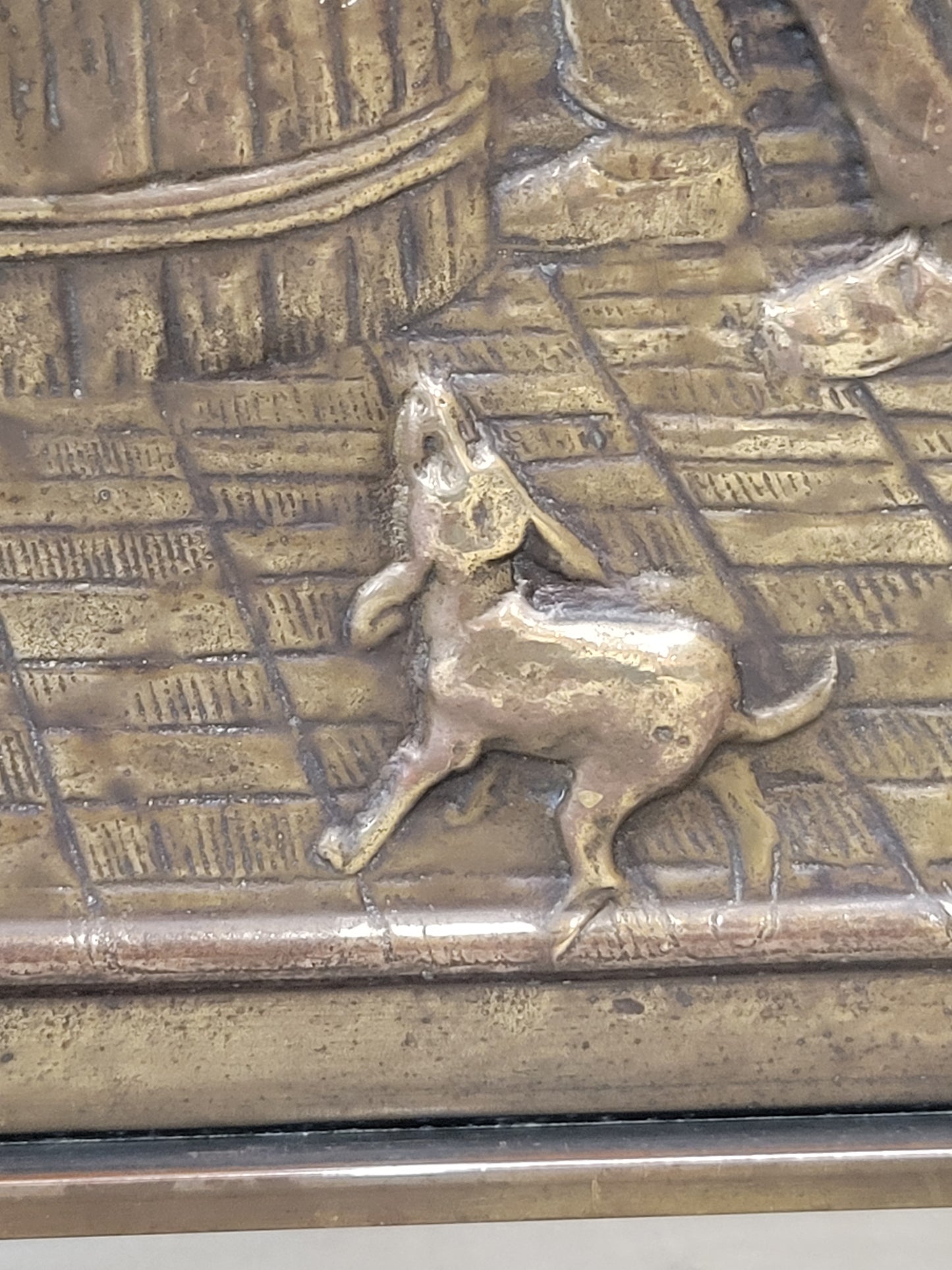 Antique French or Belgian Stamped Brass Fireplace Screen of Interior Scene