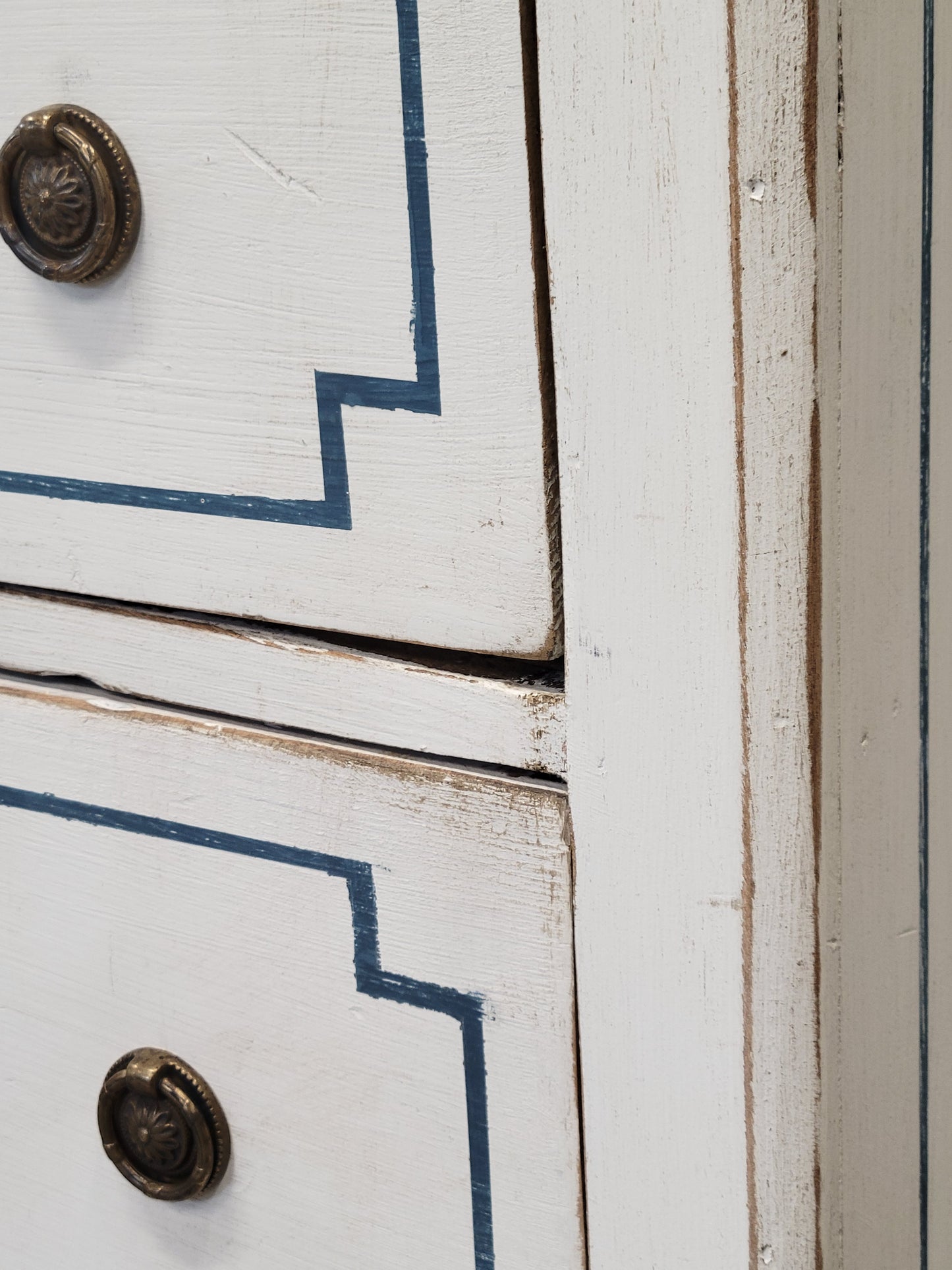 Pair of Antique 19th Century Pine Painted White Dressers With Blue French Line Motif