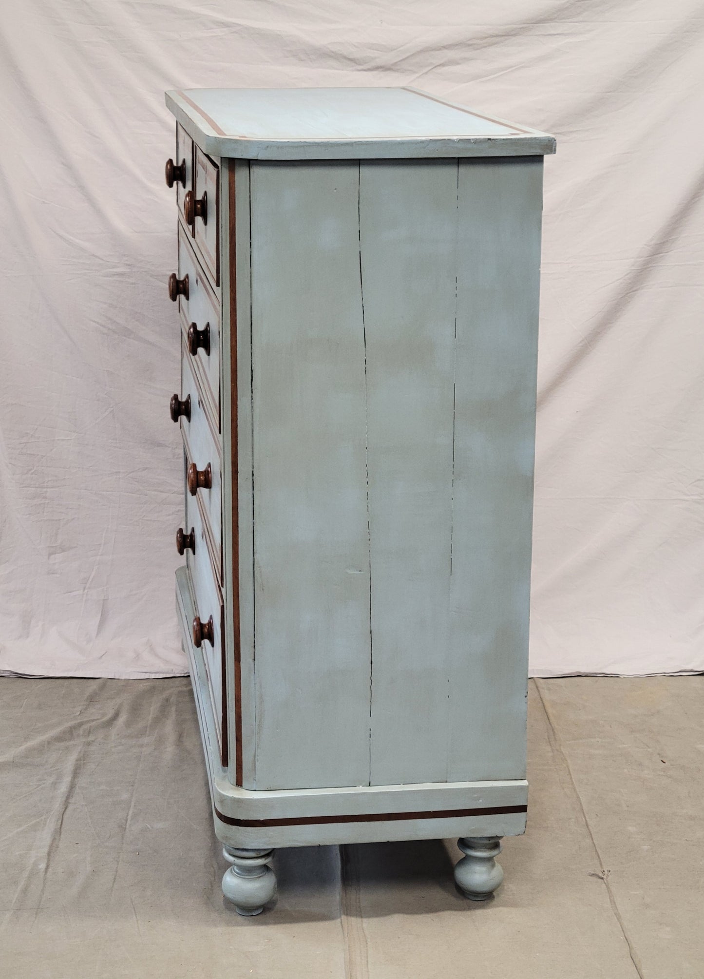 Antique English Blue Painted Dresser With Mahogany Pulls Inset With Mother-of-Pearl