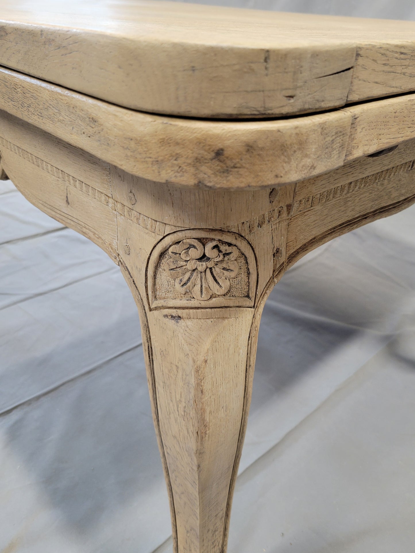 Antique 1920s French Bleached Oak Parquet Top Draw Leaf Table