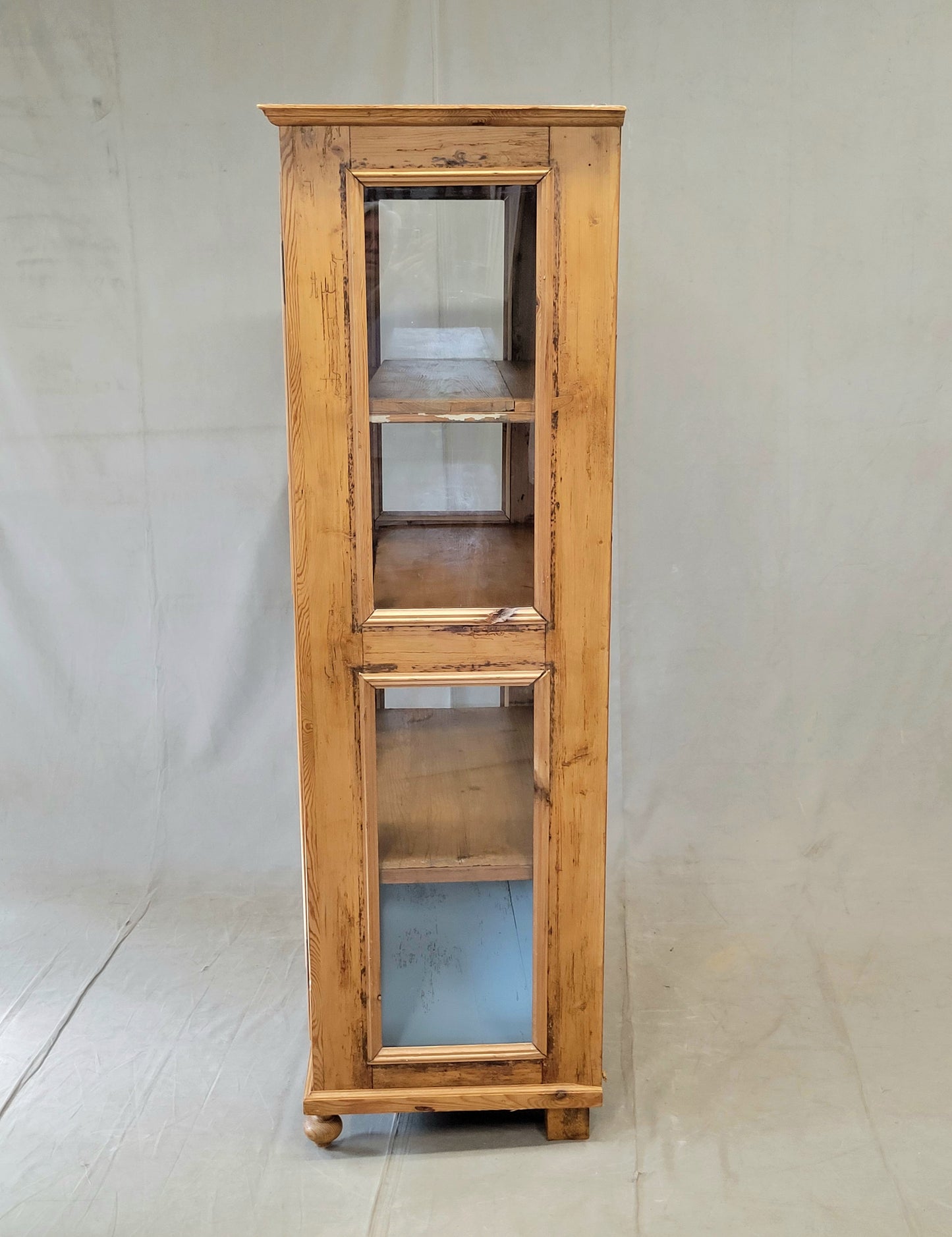 Antique German Pine Display Cabinet With Painted Blue Interior