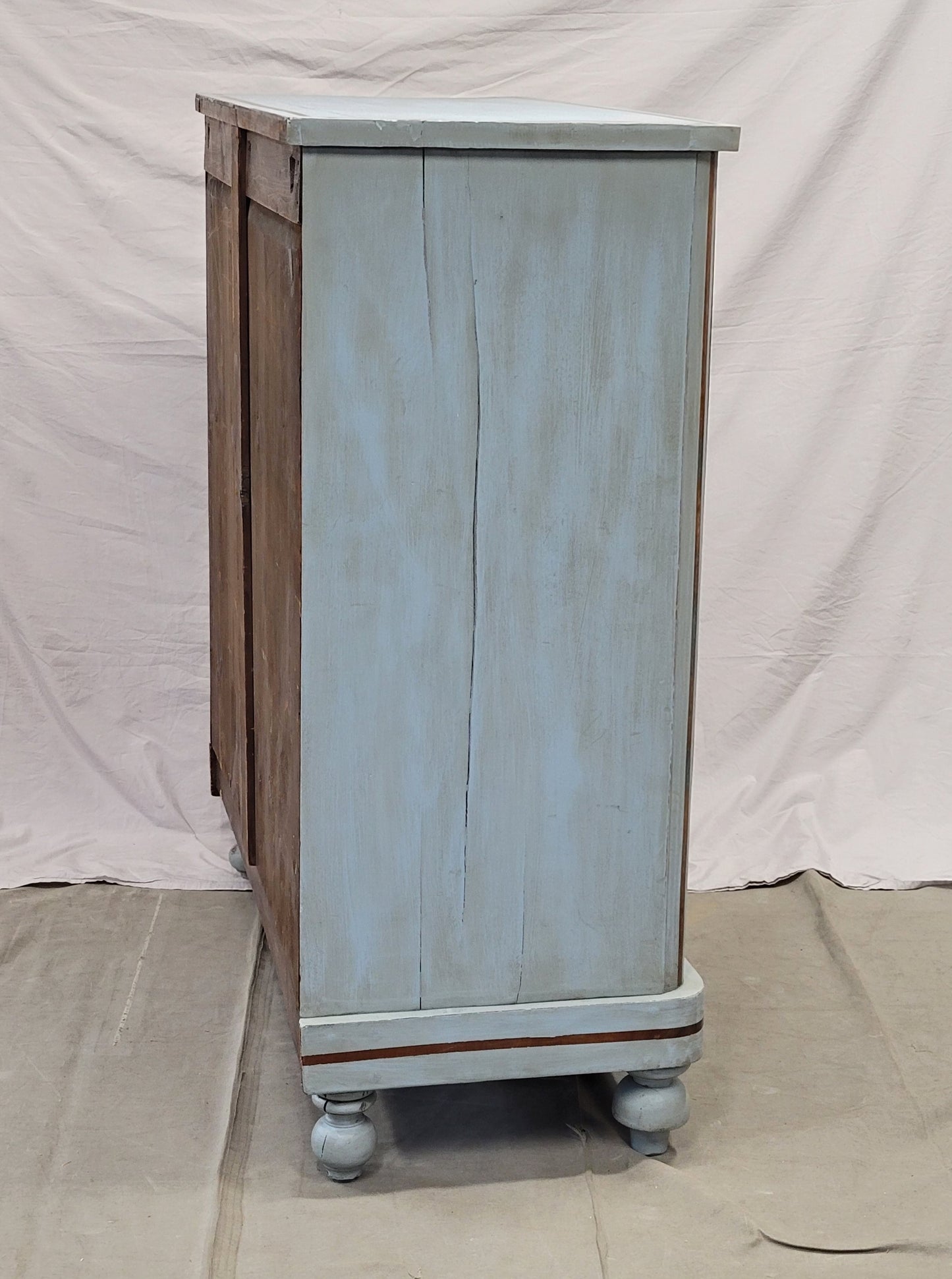 Antique English Blue Painted Dresser With Mahogany Pulls Inset With Mother-of-Pearl