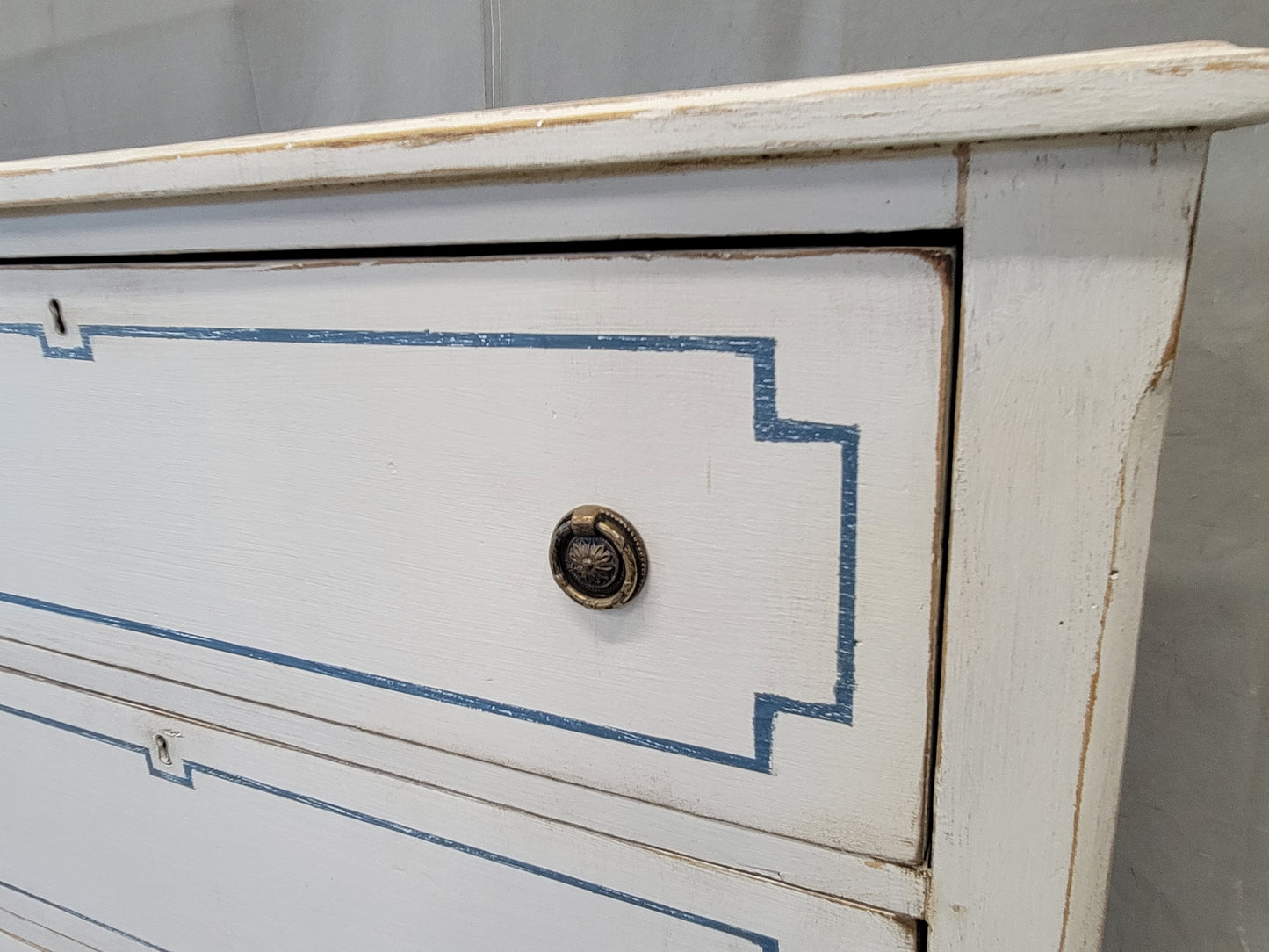 Pair of Antique 19th Century Pine Painted White Dressers With Blue French Line Motif