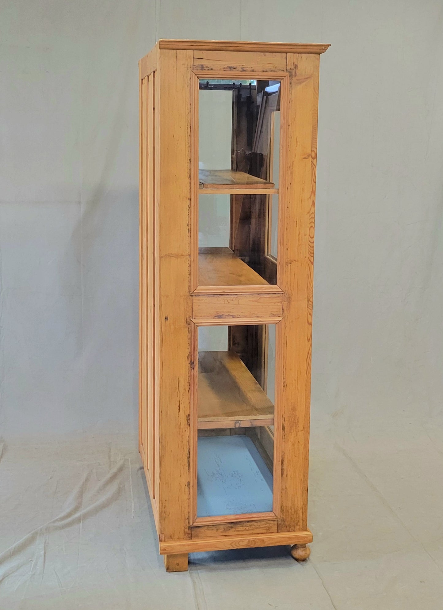 Antique German Pine Display Cabinet With Painted Blue Interior