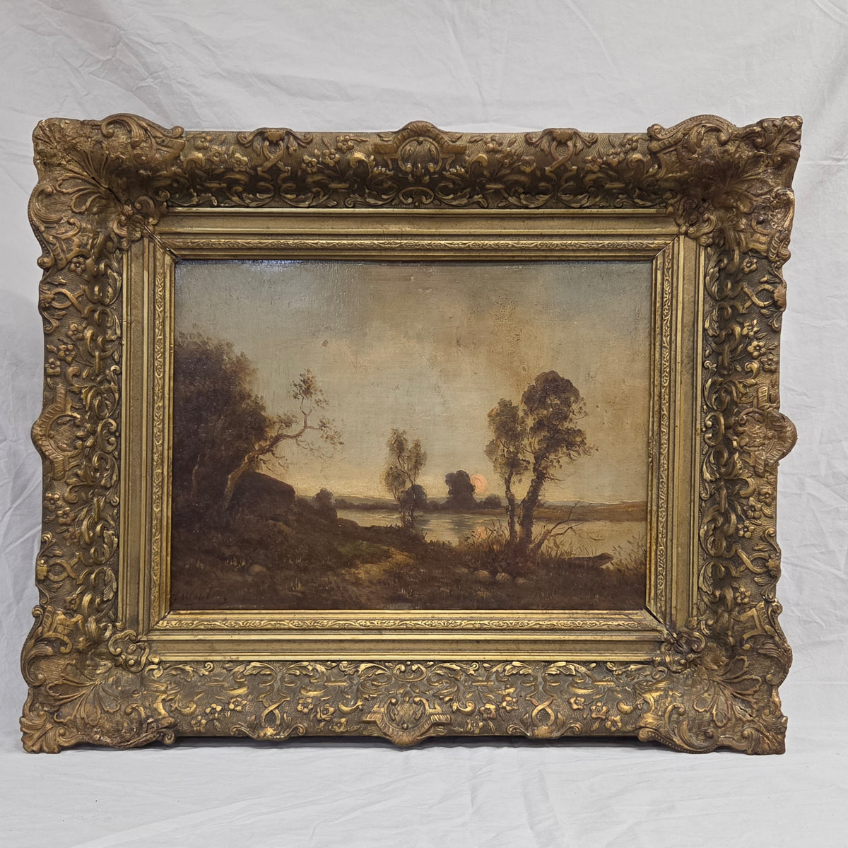 Antique Dutch Late 1800s Sunrise Over Water Landscape, Original Frame, Signed