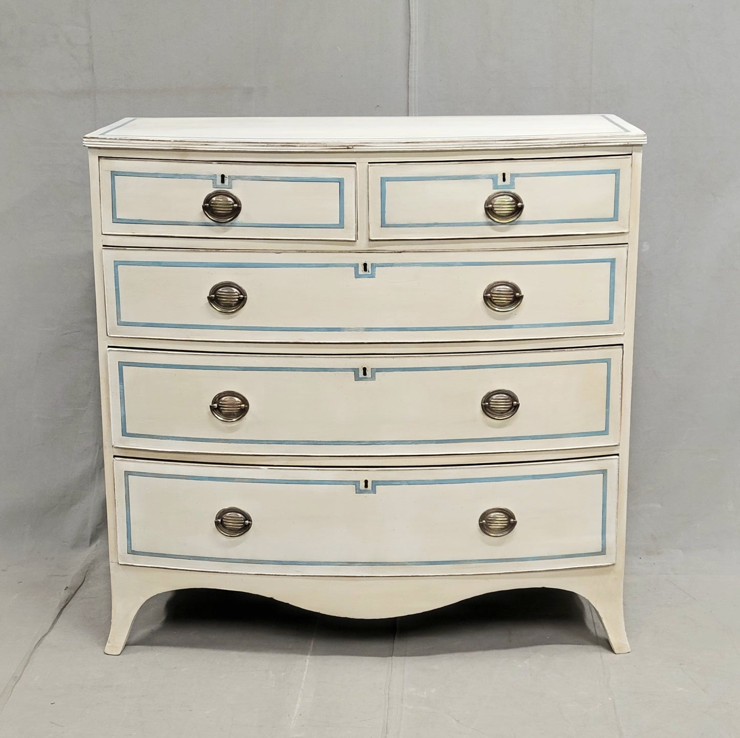 Antique English Painted Mahogany Dresser With Blue French Line Motif