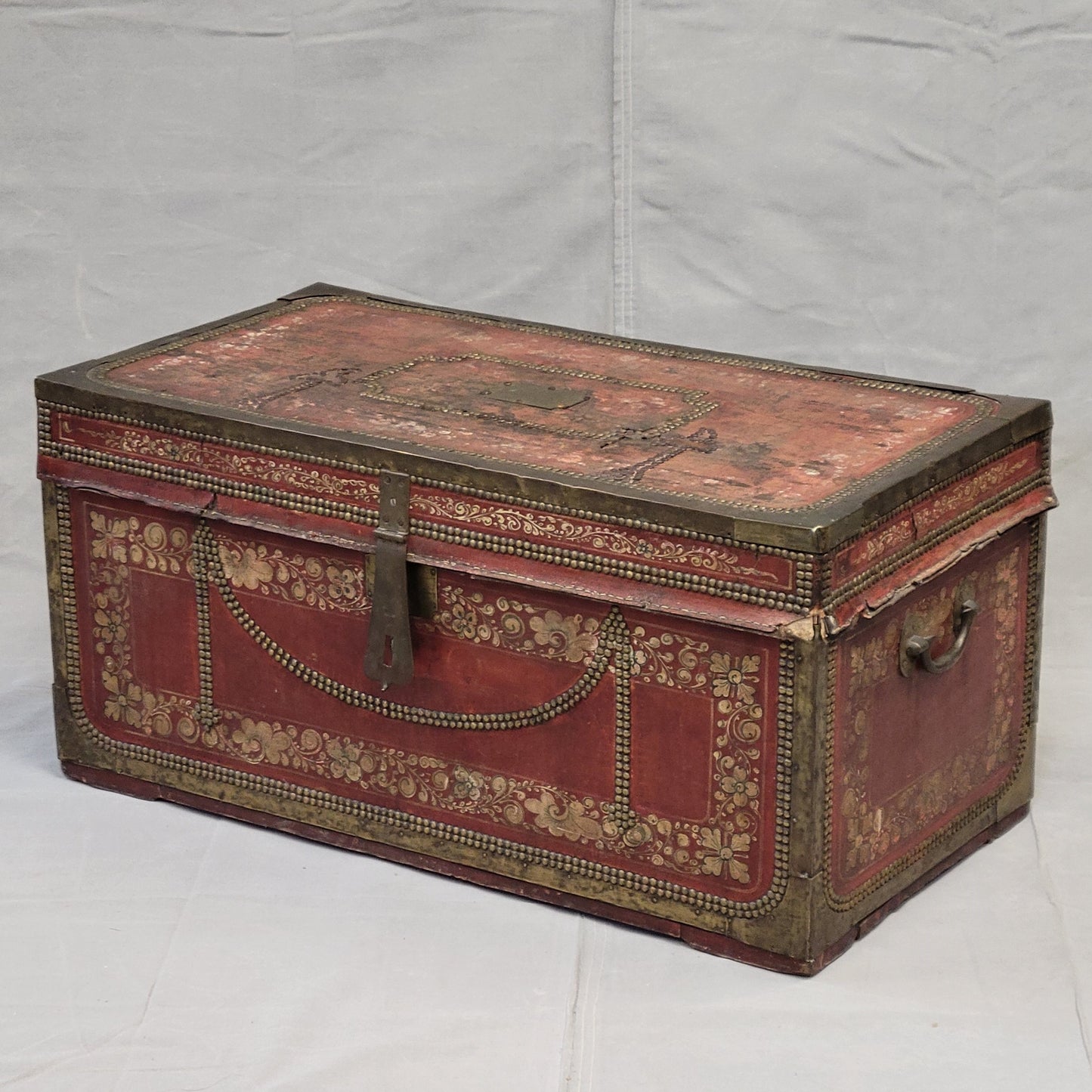 Antique Red Leather, Brass and Camphor Wood Chinese Export Trunk