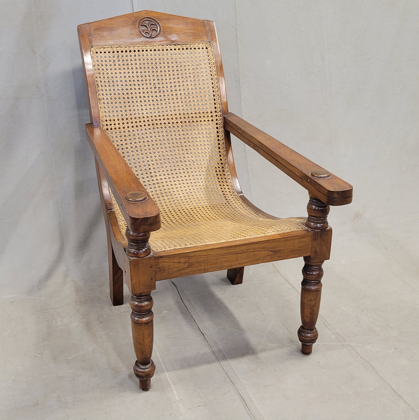 Vintage Bauer International Teak Caned Plantation Chair With Extension Armrests
