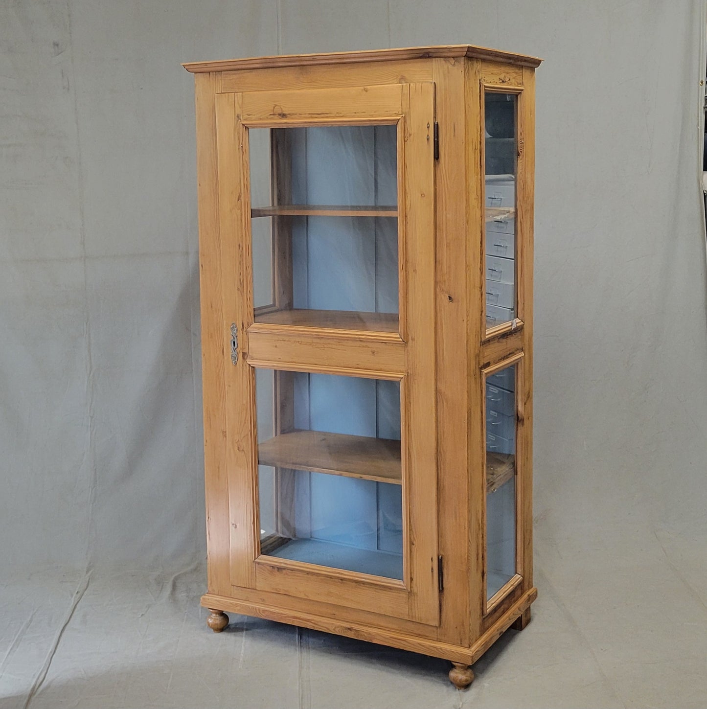 Antique German Pine Display Cabinet With Painted Blue Interior