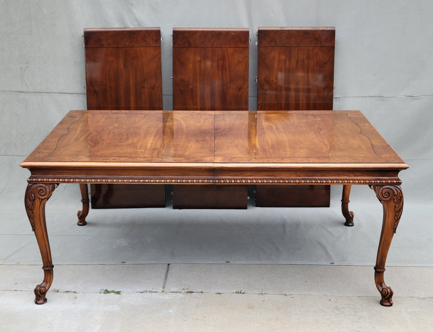 Vintage Karges Burl Walnut Dining Table With 3 Leaves and Pads