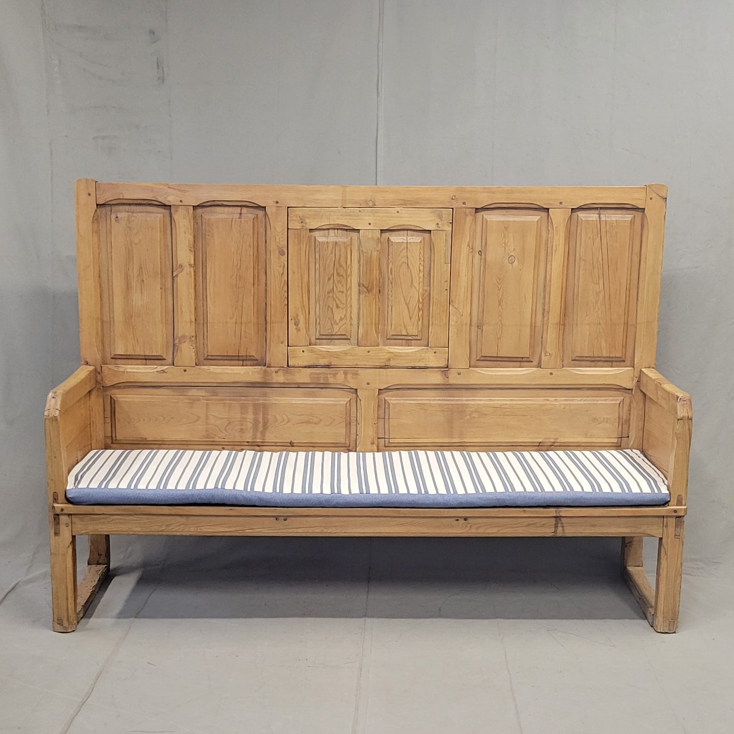 Antique Rustic Pine Long Settle Bench With Blue and White Cushion