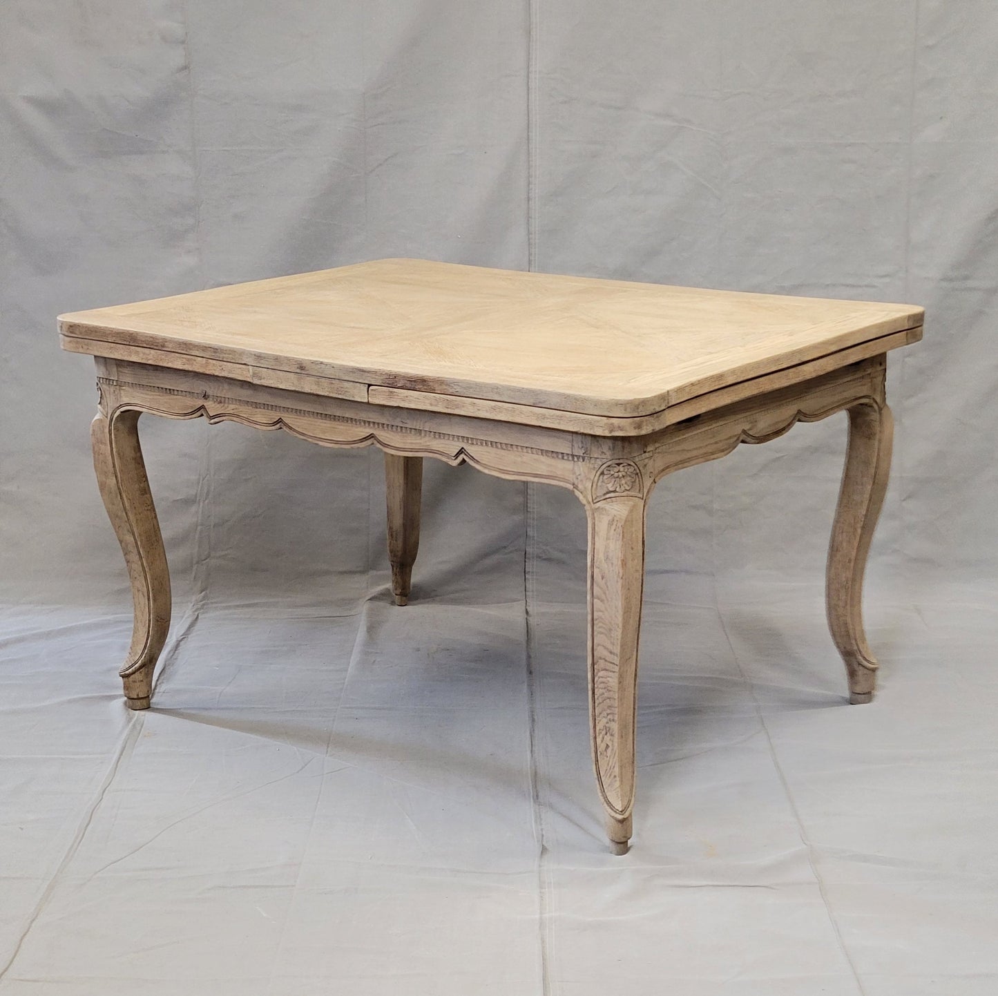 Antique 1920s French Bleached Oak Parquet Top Draw Leaf Table