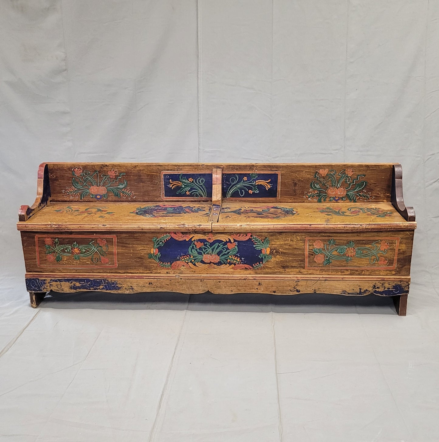 Antique Eastern European Hand Painted Pine Long Storage Bench