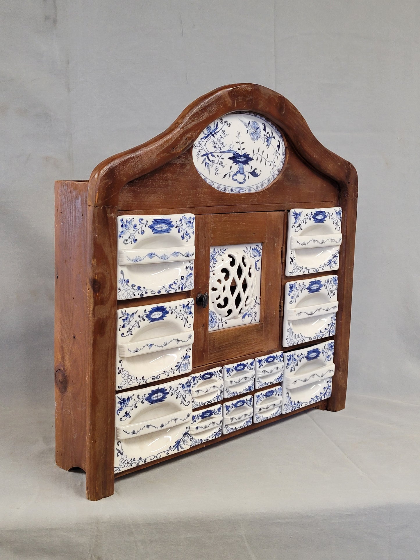 Vintage Dutch Spice Cabinet With 'Blue Onion' Ceramic Inserts