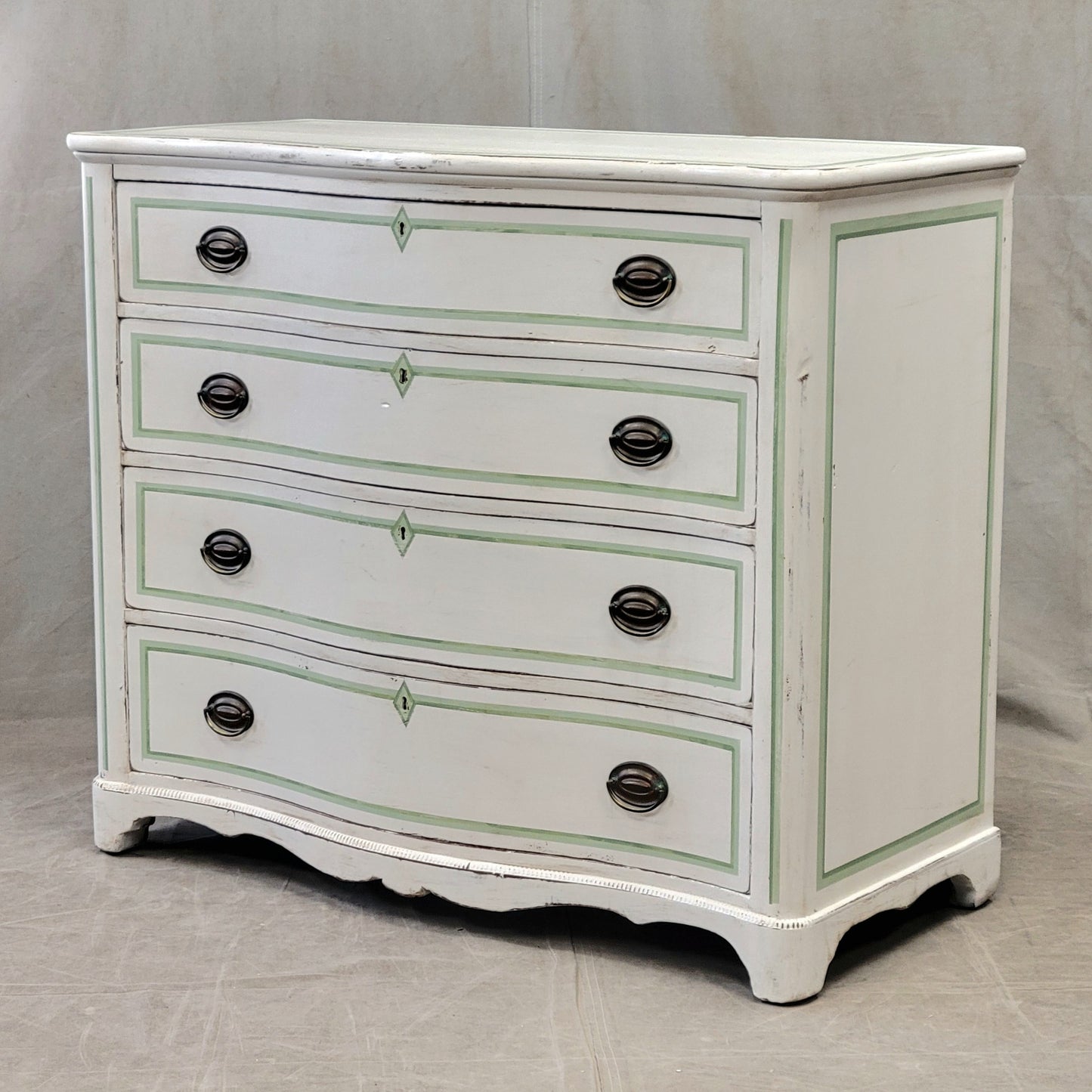 Antique Serpentine Front Dresser Painted White With Green French Line Motif