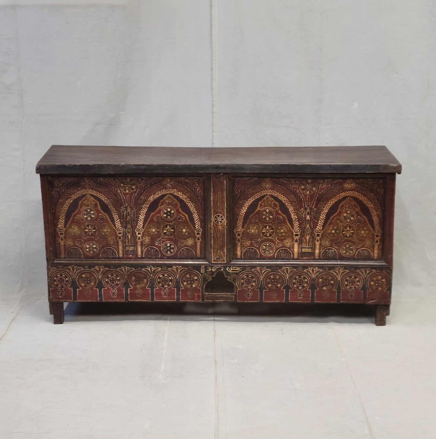 Vintage Berber Moroccan Trunk With Handpainted Arched Designwork, Signed