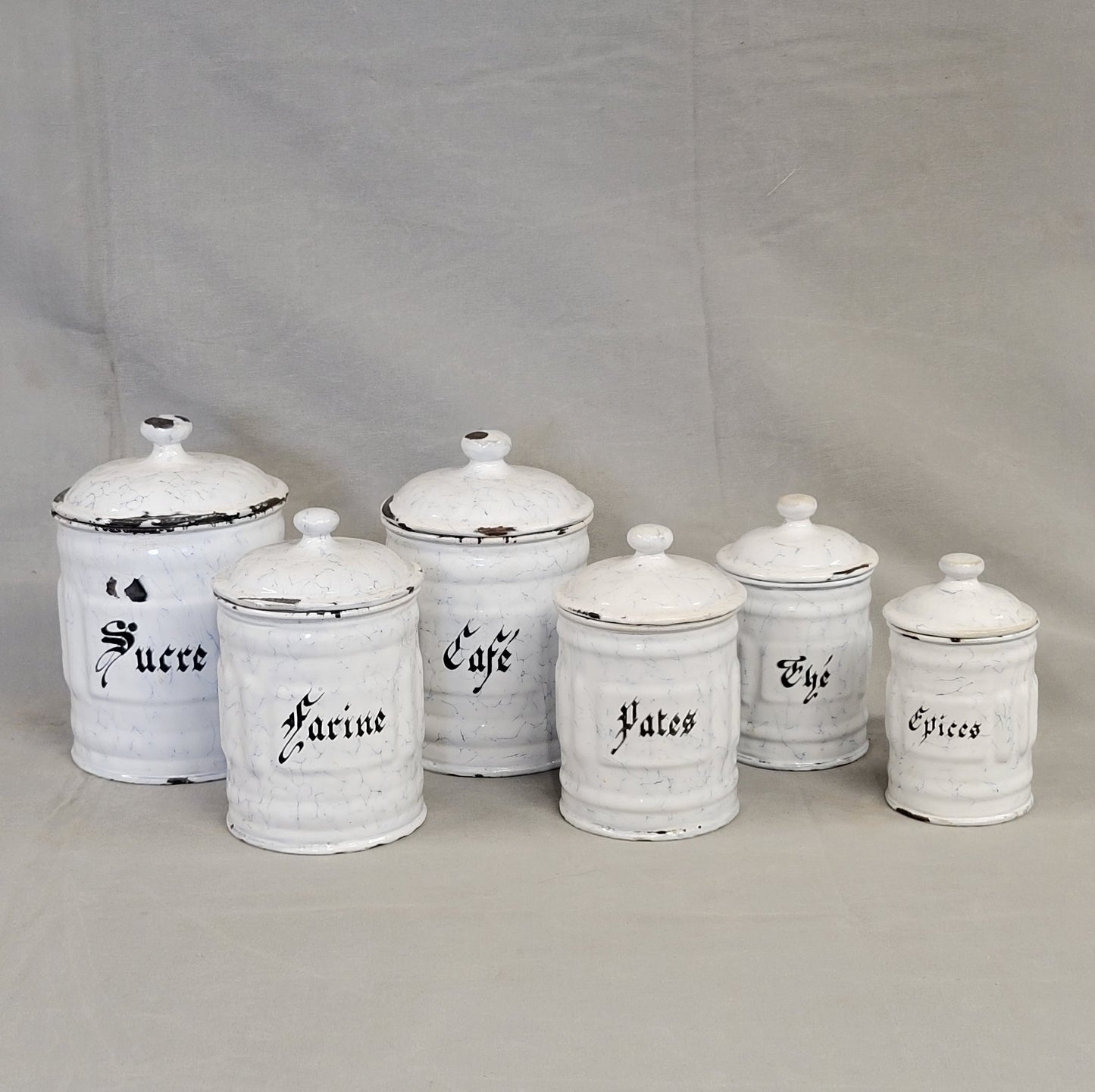 Antique French White and Blue Enamel Canister Set - 6 Pieces