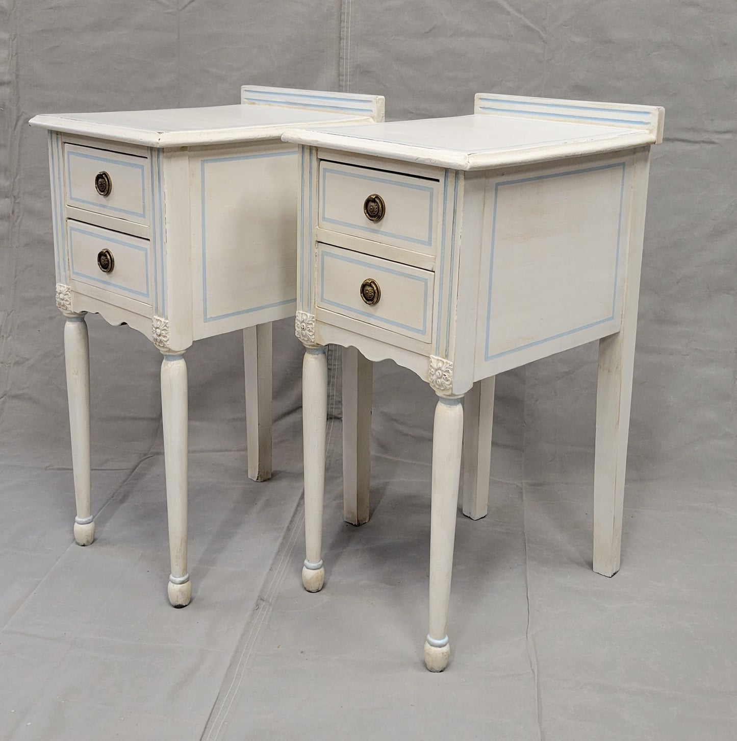 Vintage White Nightstands With Blue Striping - a Pair