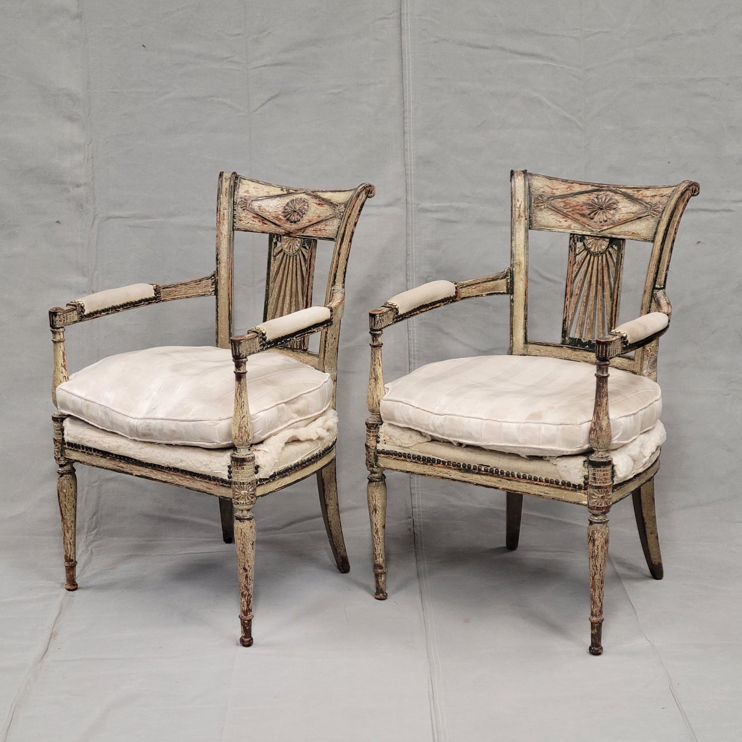 Antique Maison Jansen Style French Louis XVI Painted Fauteuil Chairs - a Pair