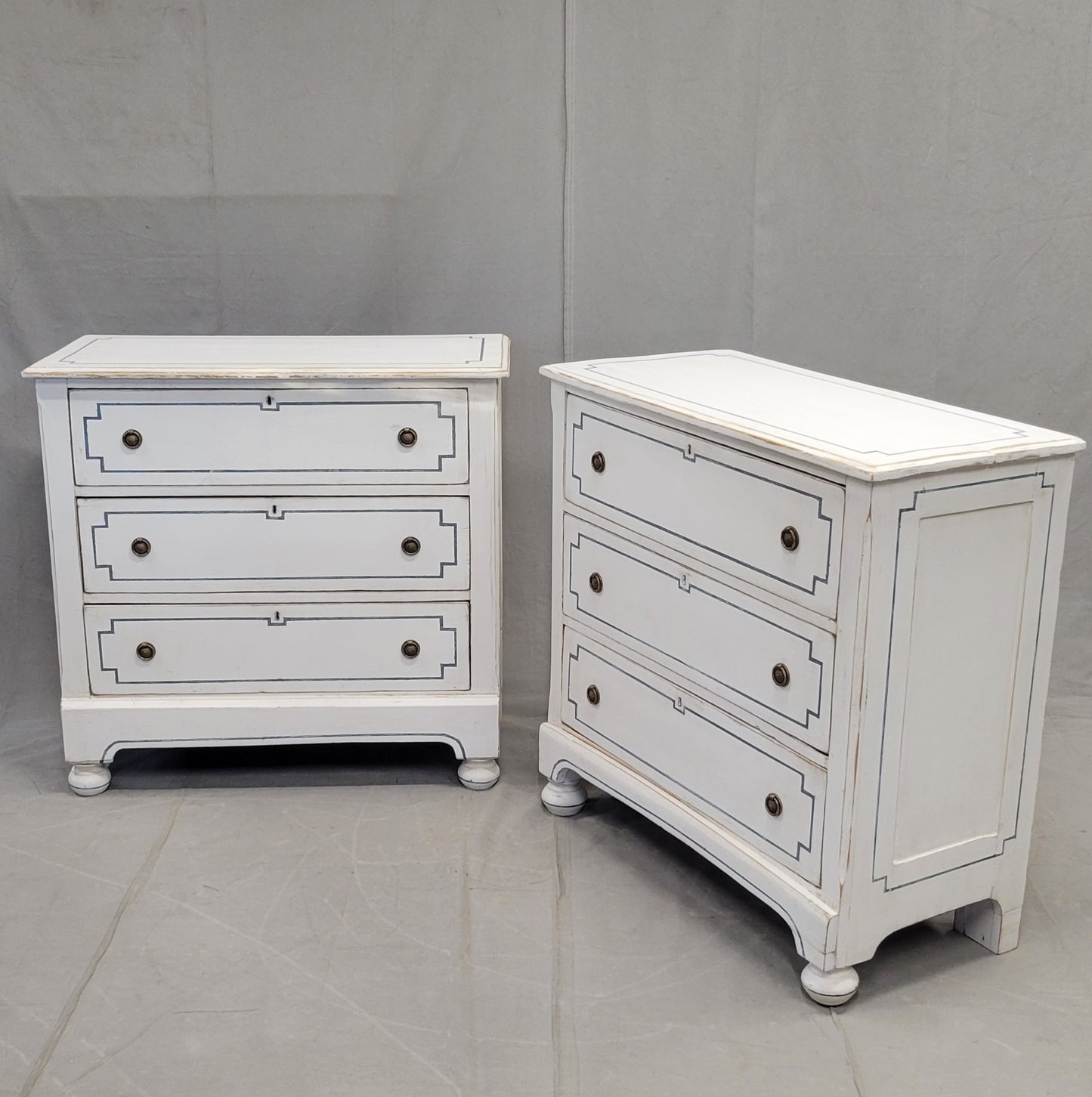 Pair of Antique 19th Century Pine Painted White Dressers With Blue French Line Motif